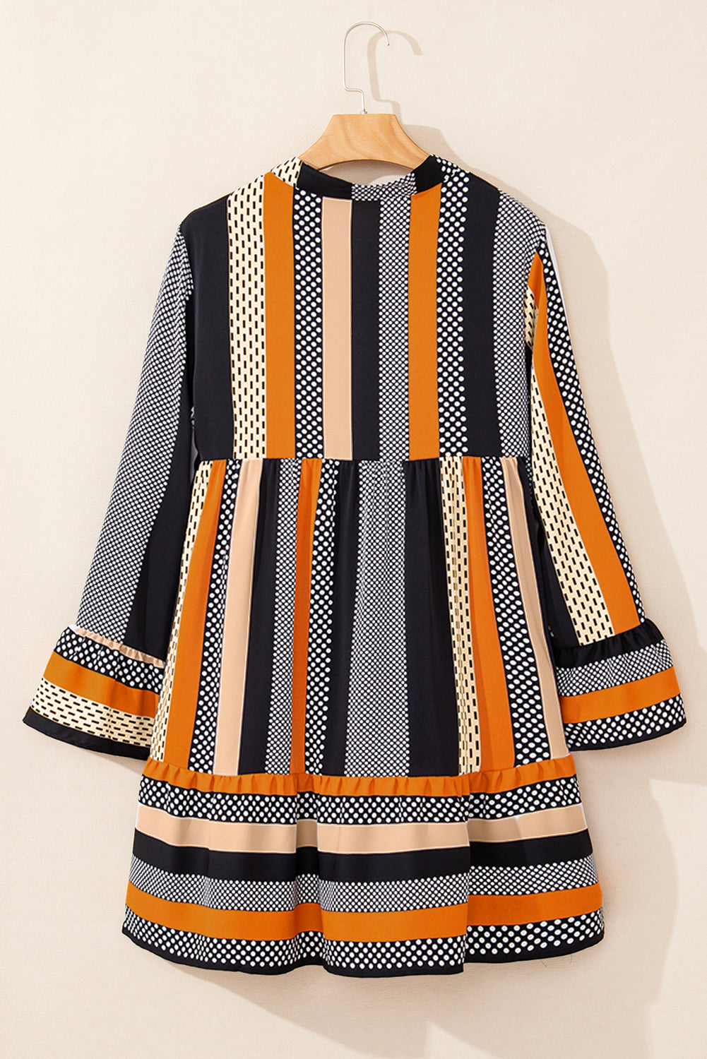 Black Striped Polka Dot Print Ruffled Mini Dress