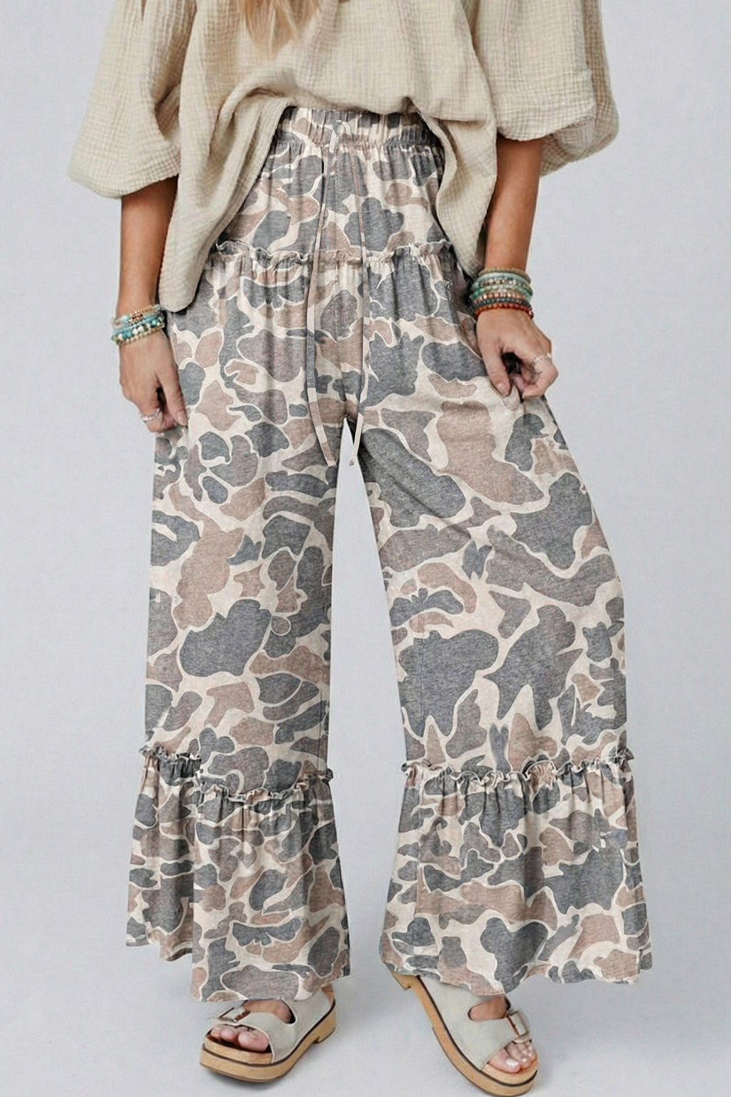 Brown Camo Print Wide Leg Casual Pants