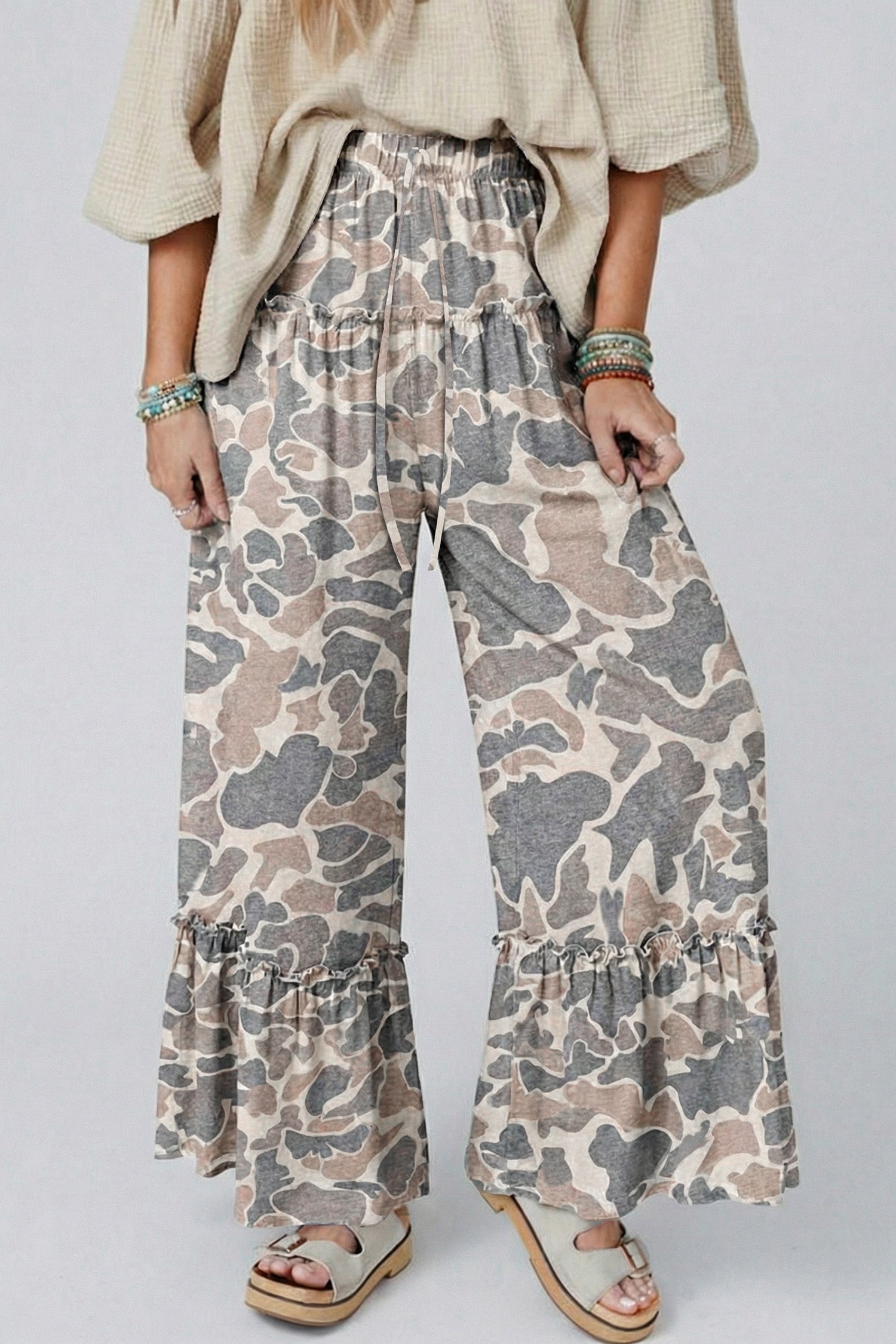 Brown Camo Print Wide Leg Casual Pants