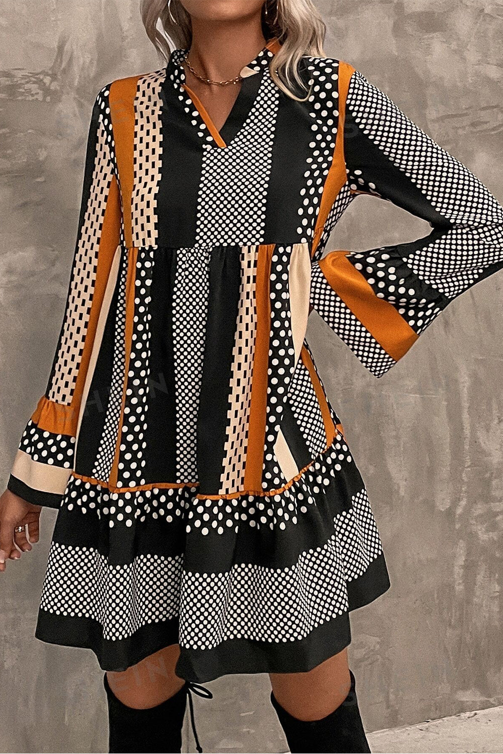 Black Striped Polka Dot Print Ruffled Mini Dress