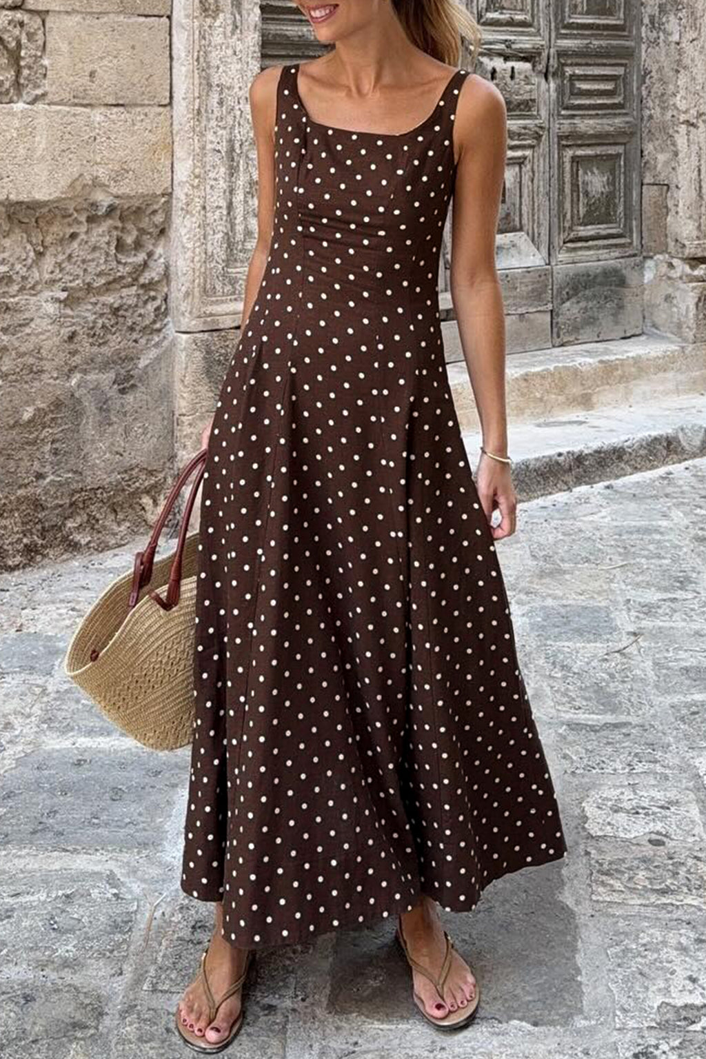Brown Polka Dot Print Square Neck Dress