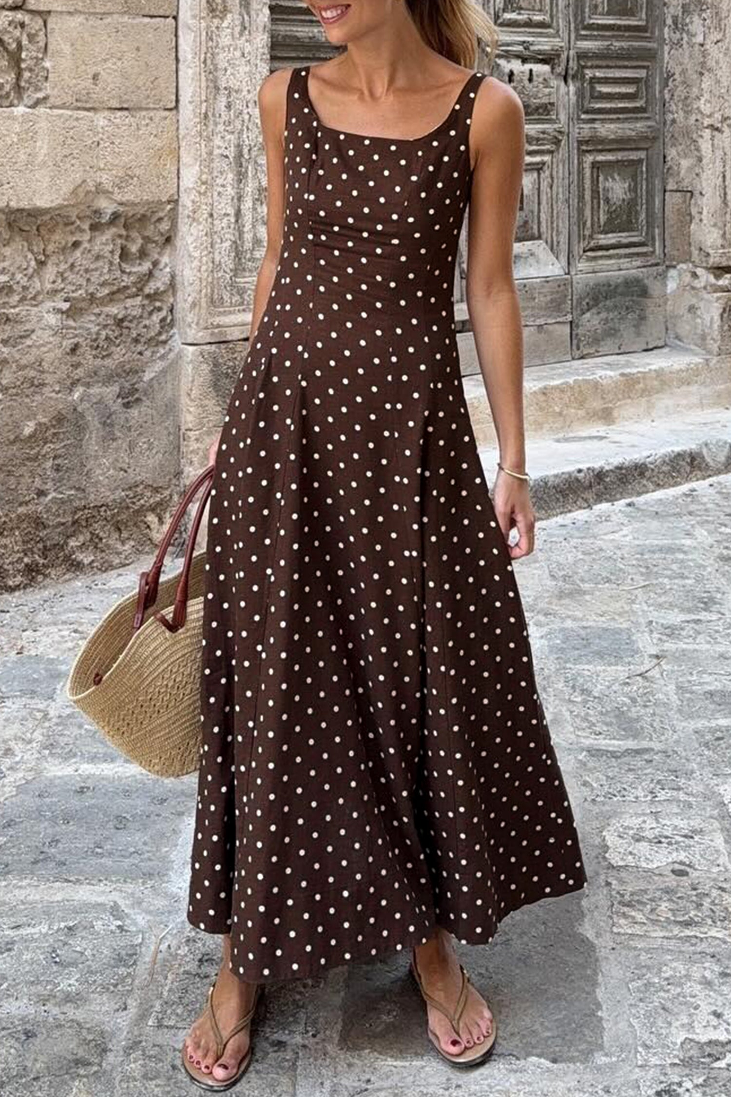 Brown Polka Dot Print Square Neck Dress