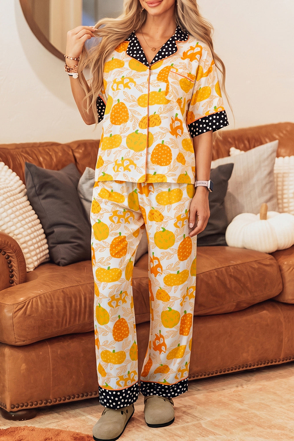 Orange Short Sleeve Pumpkin Print Polka Dot Trim Lounge Set