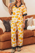 Orange Short Sleeve Pumpkin Print Polka Dot Trim Lounge Set