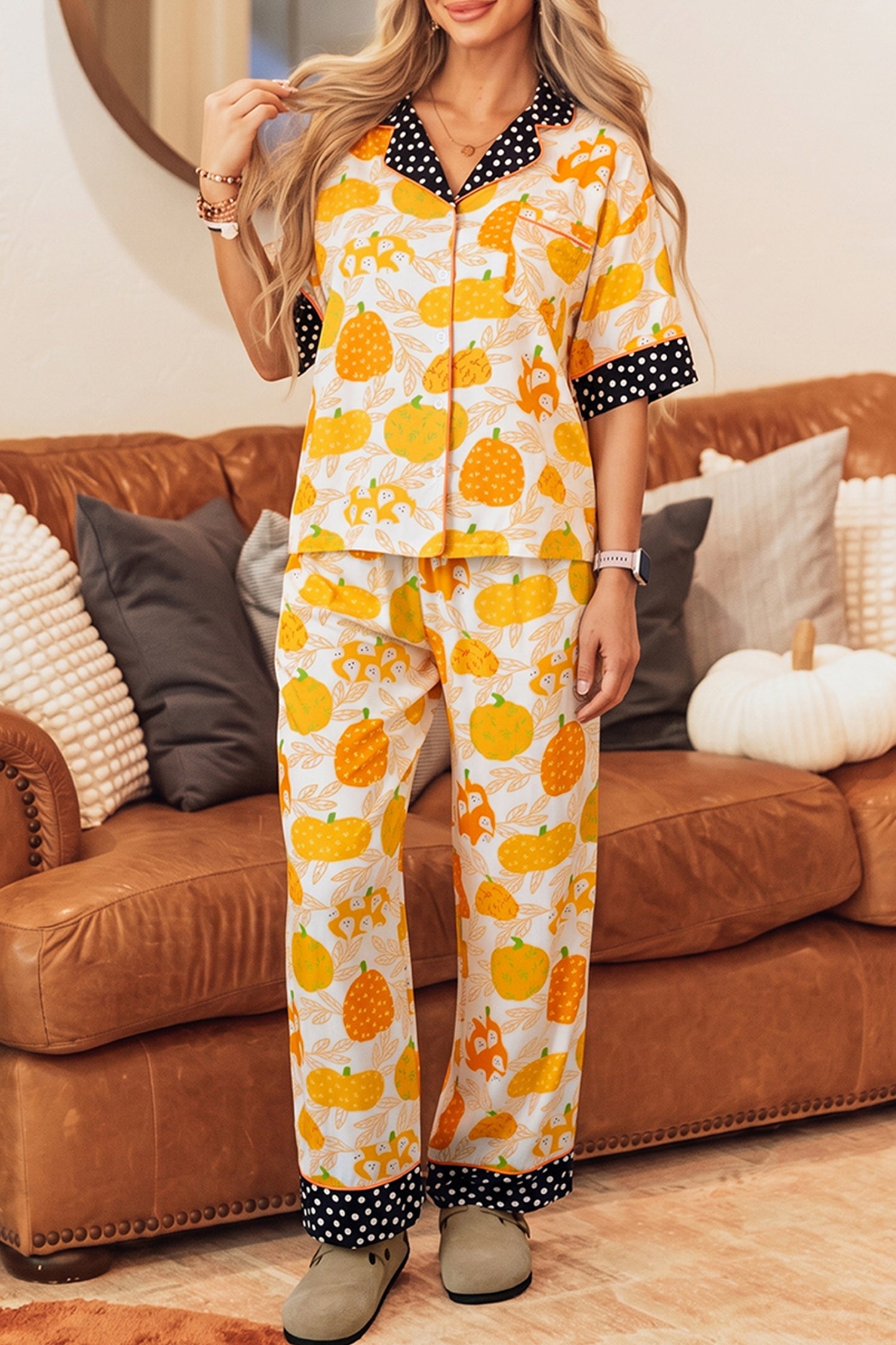 Orange Short Sleeve Pumpkin Print Polka Dot Trim Lounge Set