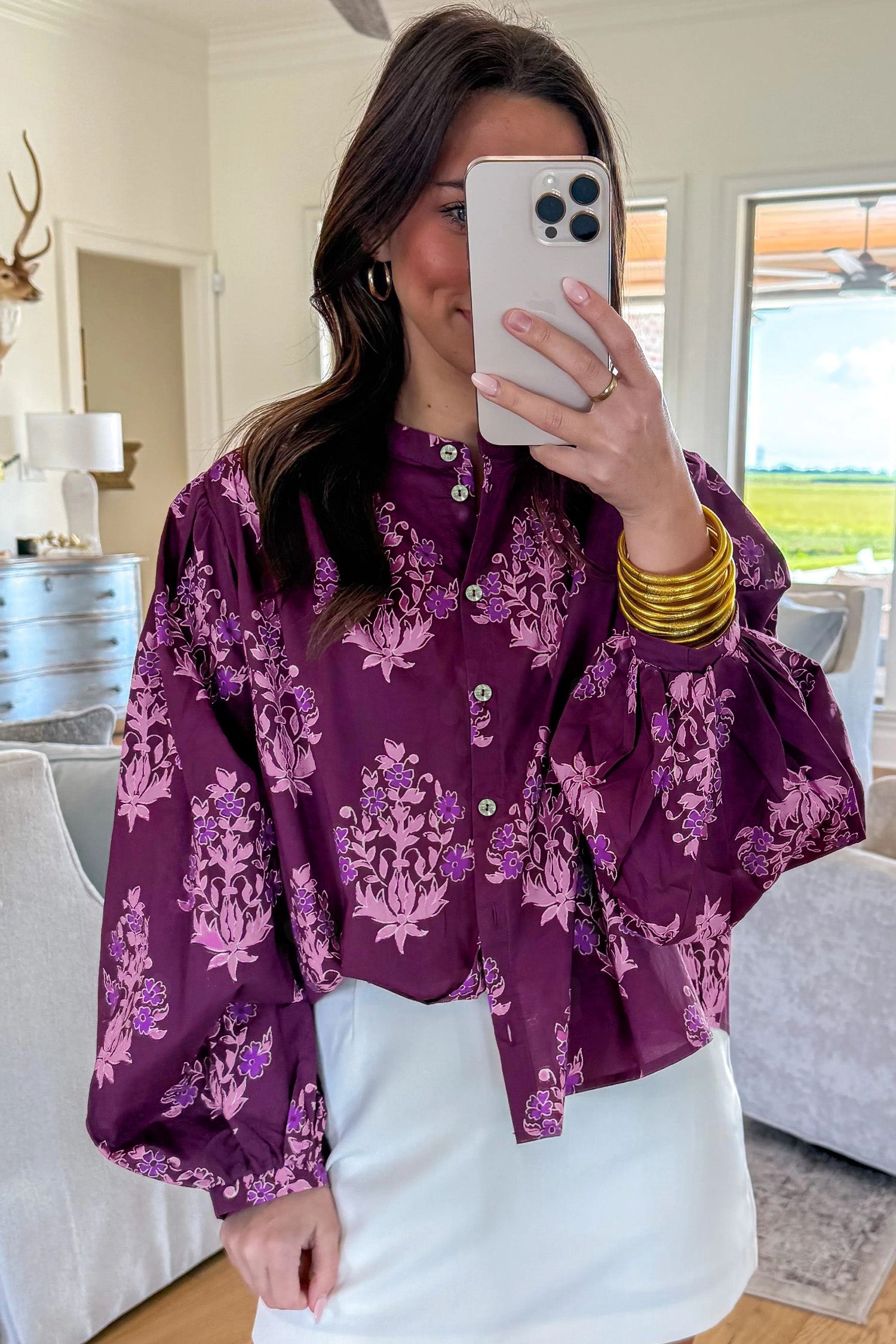Purple Floral Print Long Puff Sleeve Shirt