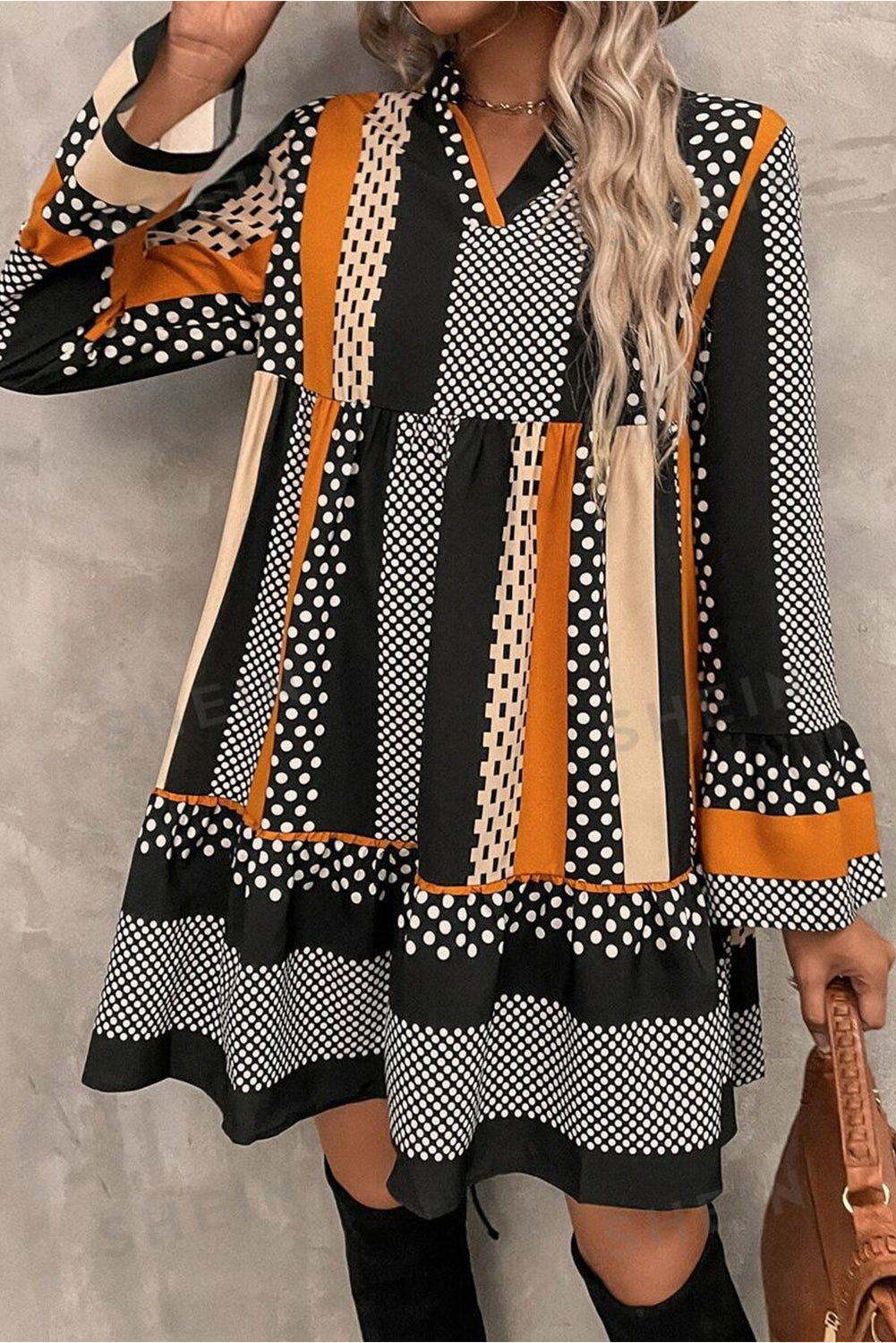 Black Striped Polka Dot Print Ruffled Mini Dress