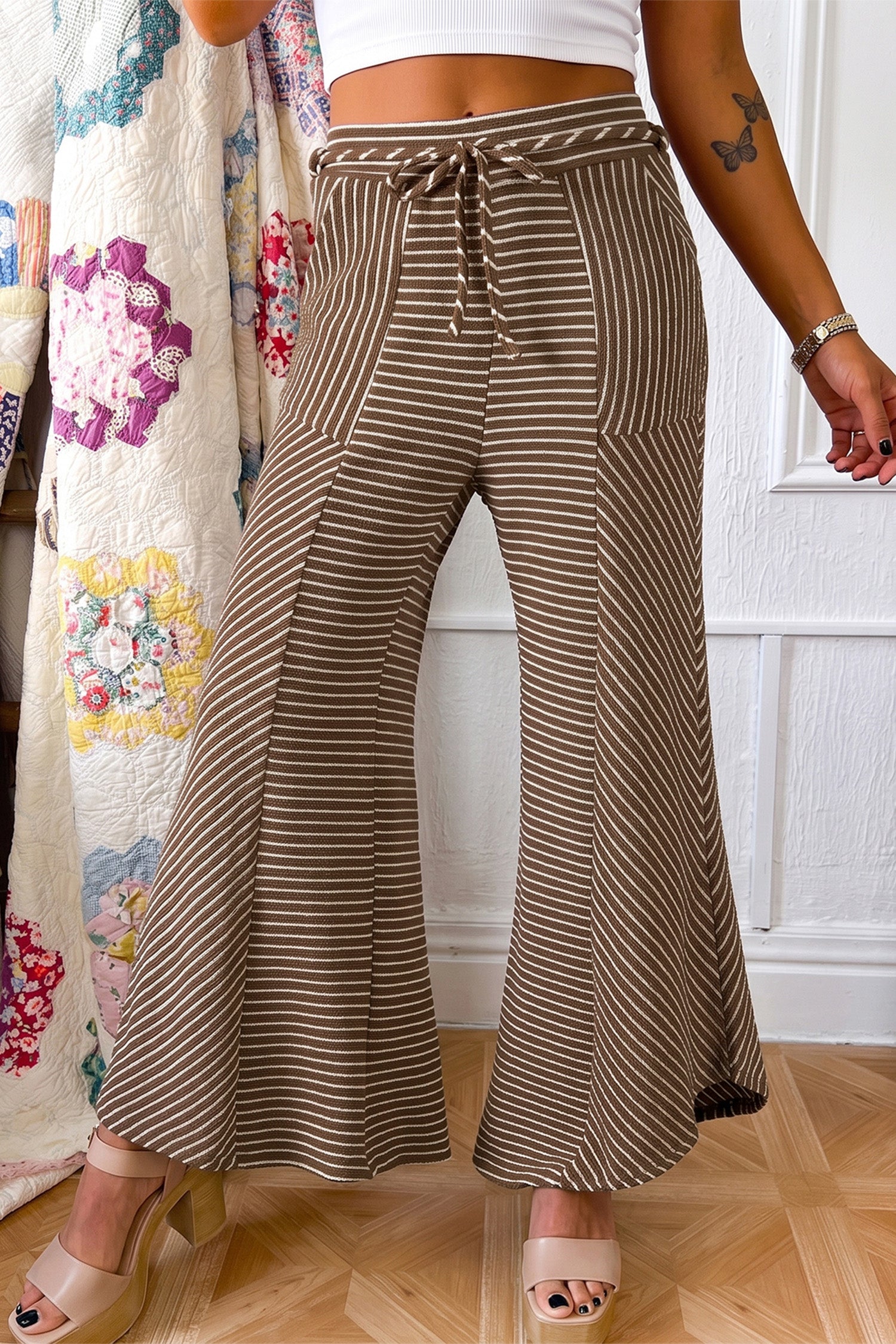 Khaki Stripe Patchwork Wide Leg Casual Pants