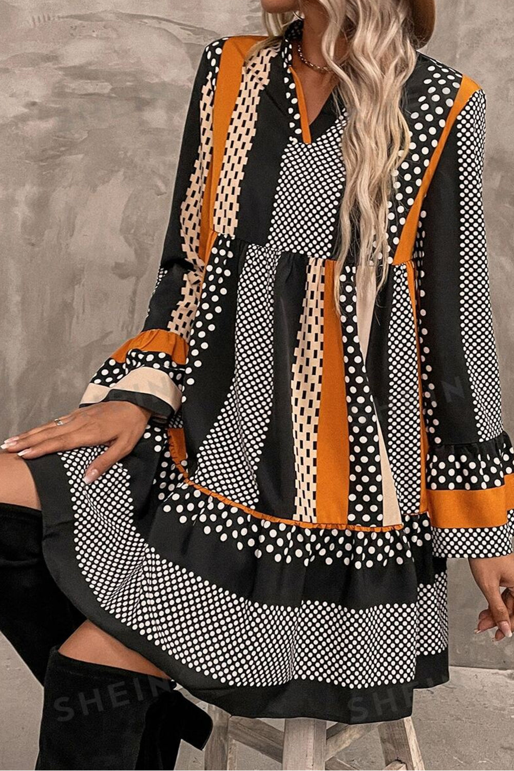 Black Striped Polka Dot Print Ruffled Mini Dress