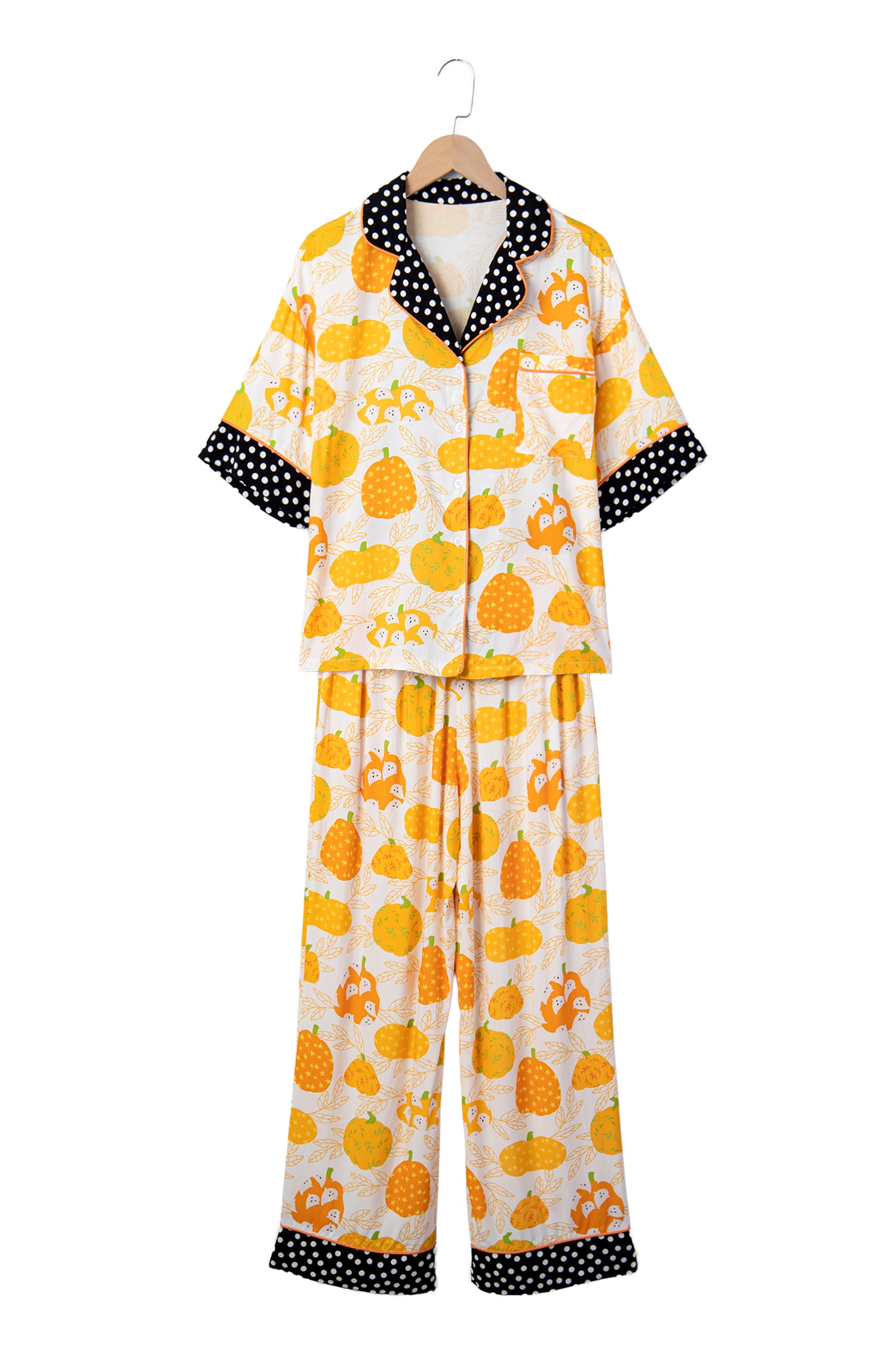 Orange Short Sleeve Pumpkin Print Polka Dot Trim Lounge Set