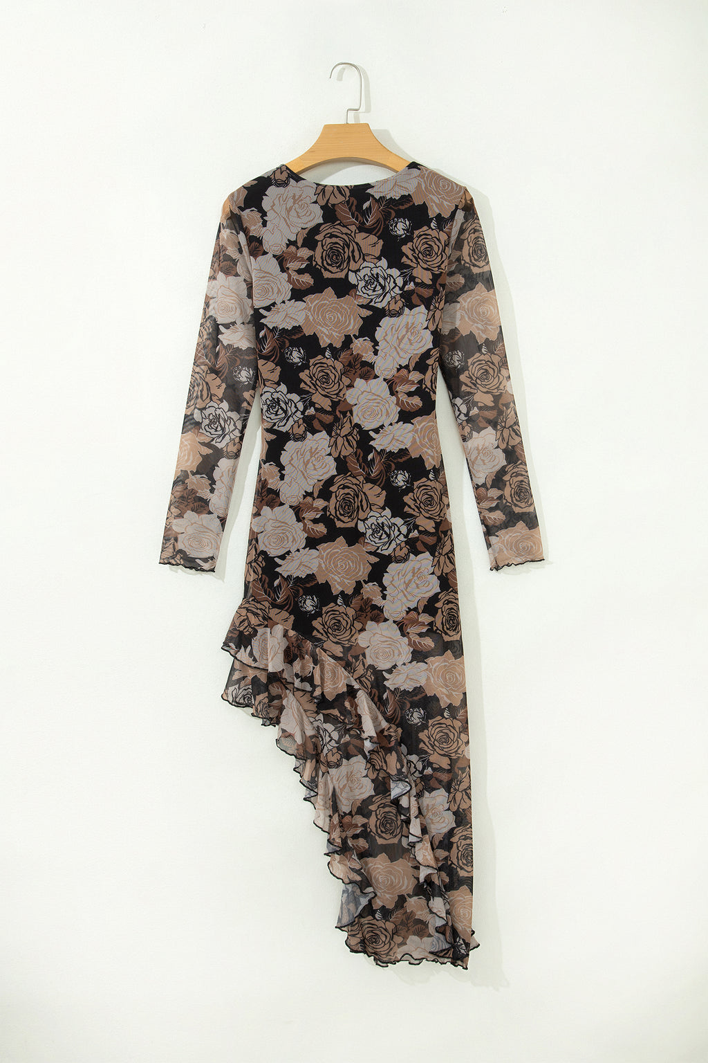 Black Floral Asymmetric Ruffle Split Hem Mesh Dress