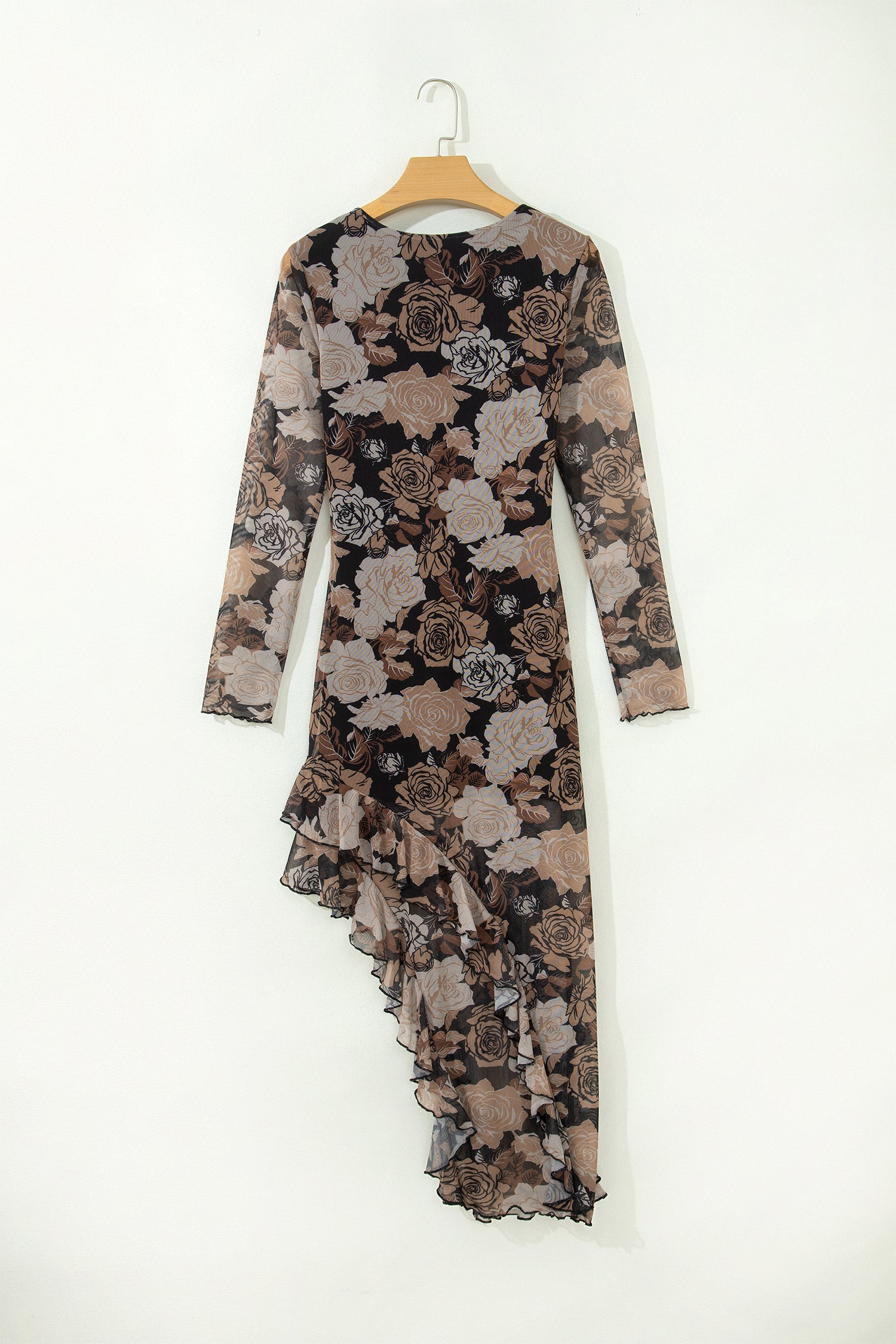 Black Floral Asymmetric Ruffle Split Hem Mesh Dress