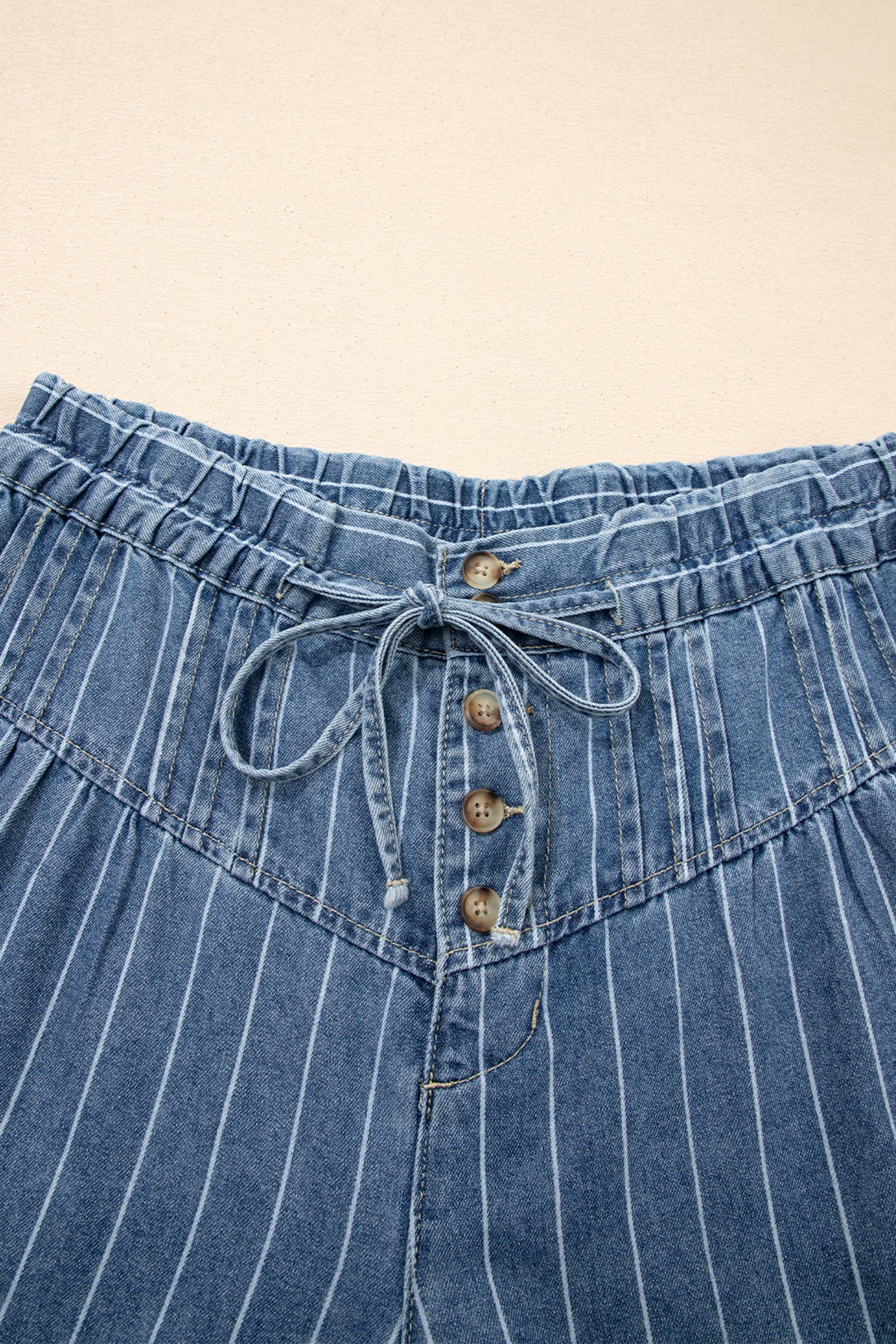 Sky Blue Stripe Button Pleated Drawstring Leg Jeans