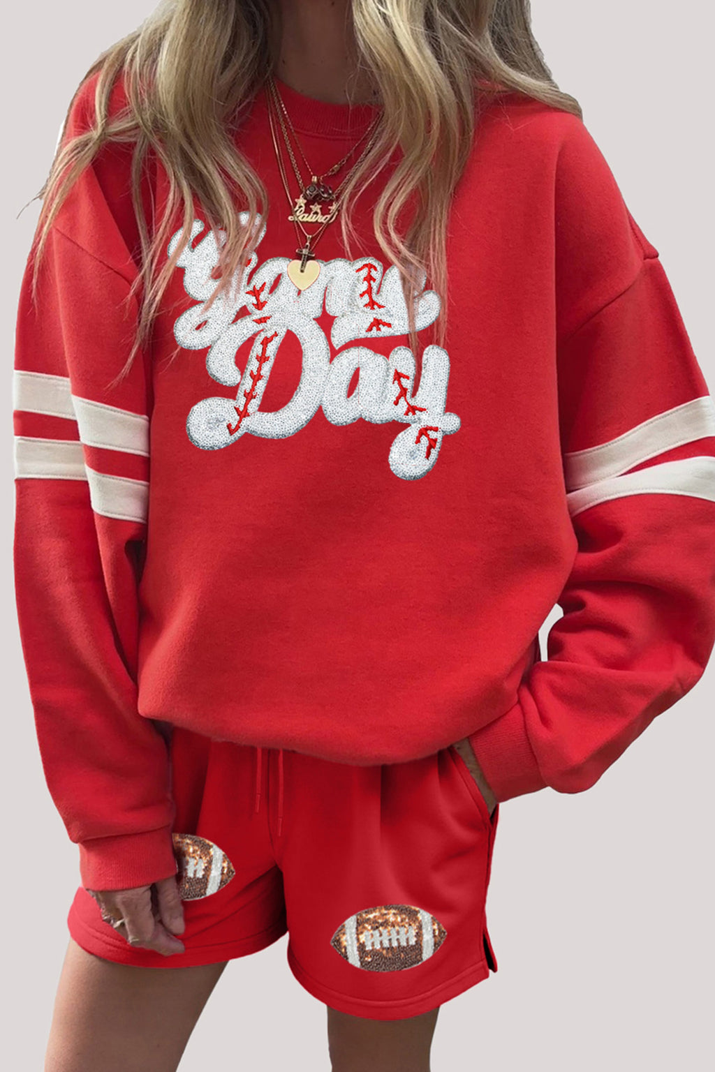 Fiery Red Glitter Game Day Football Graphic Two-Piece Set
