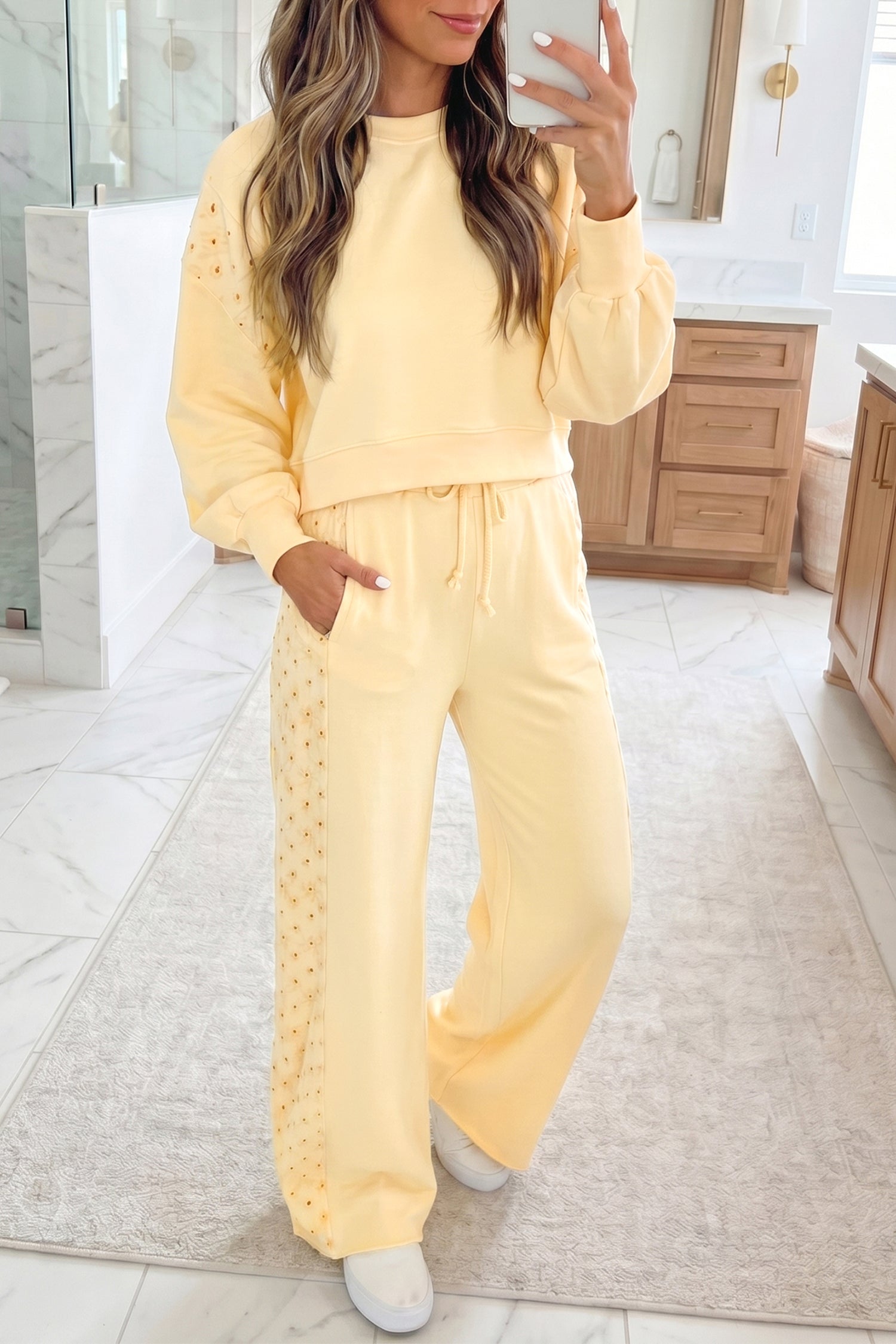 Yellow Cream Eyelet Embroidered Lace Patchwork Pants Set