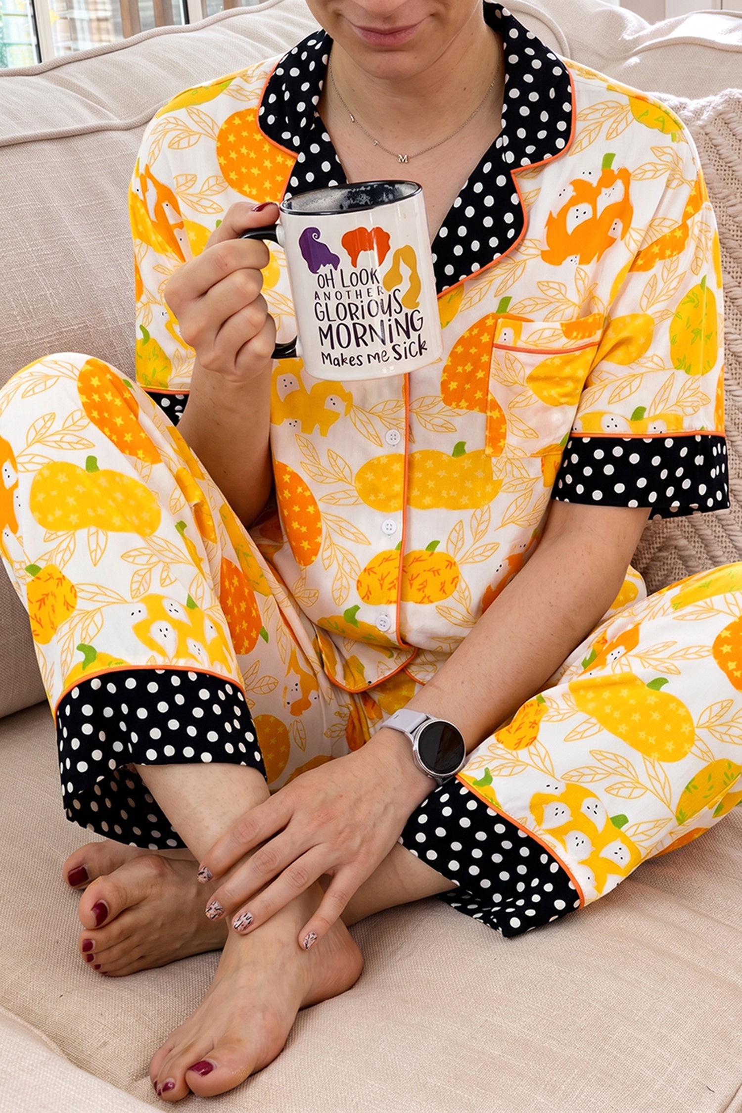 Orange Short Sleeve Pumpkin Print Polka Dot Trim Lounge Set