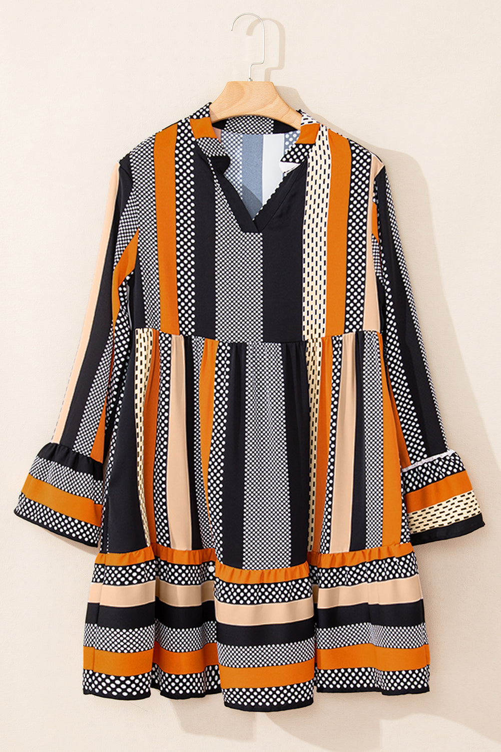Black Striped Polka Dot Print Ruffled Mini Dress