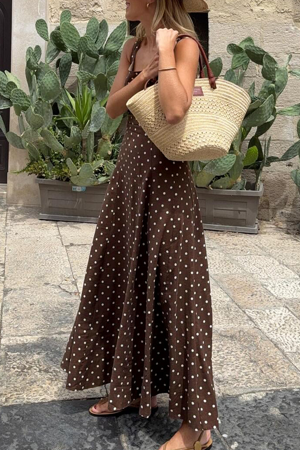 Brown Polka Dot Print Square Neck Dress