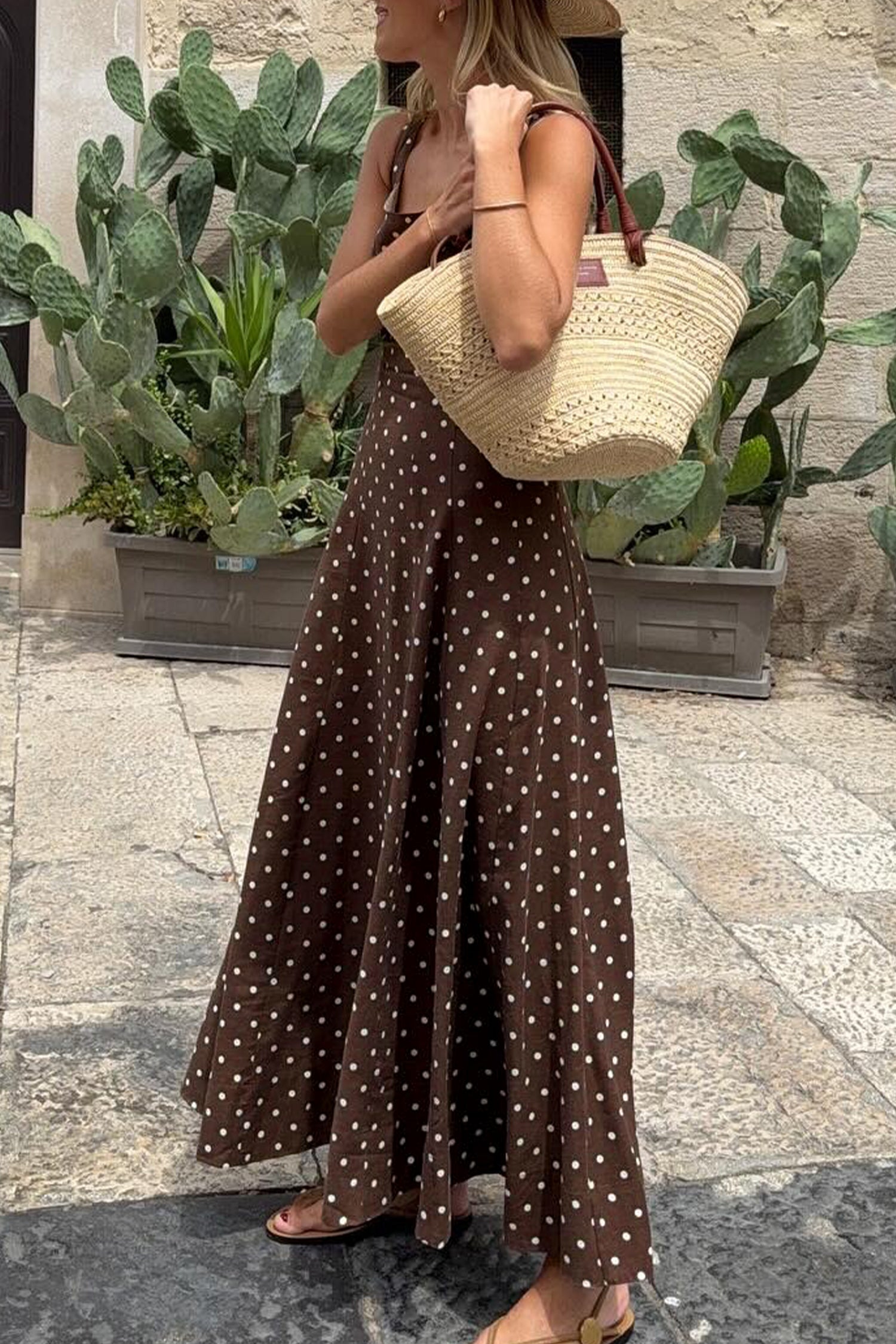 Brown Polka Dot Print Square Neck Dress