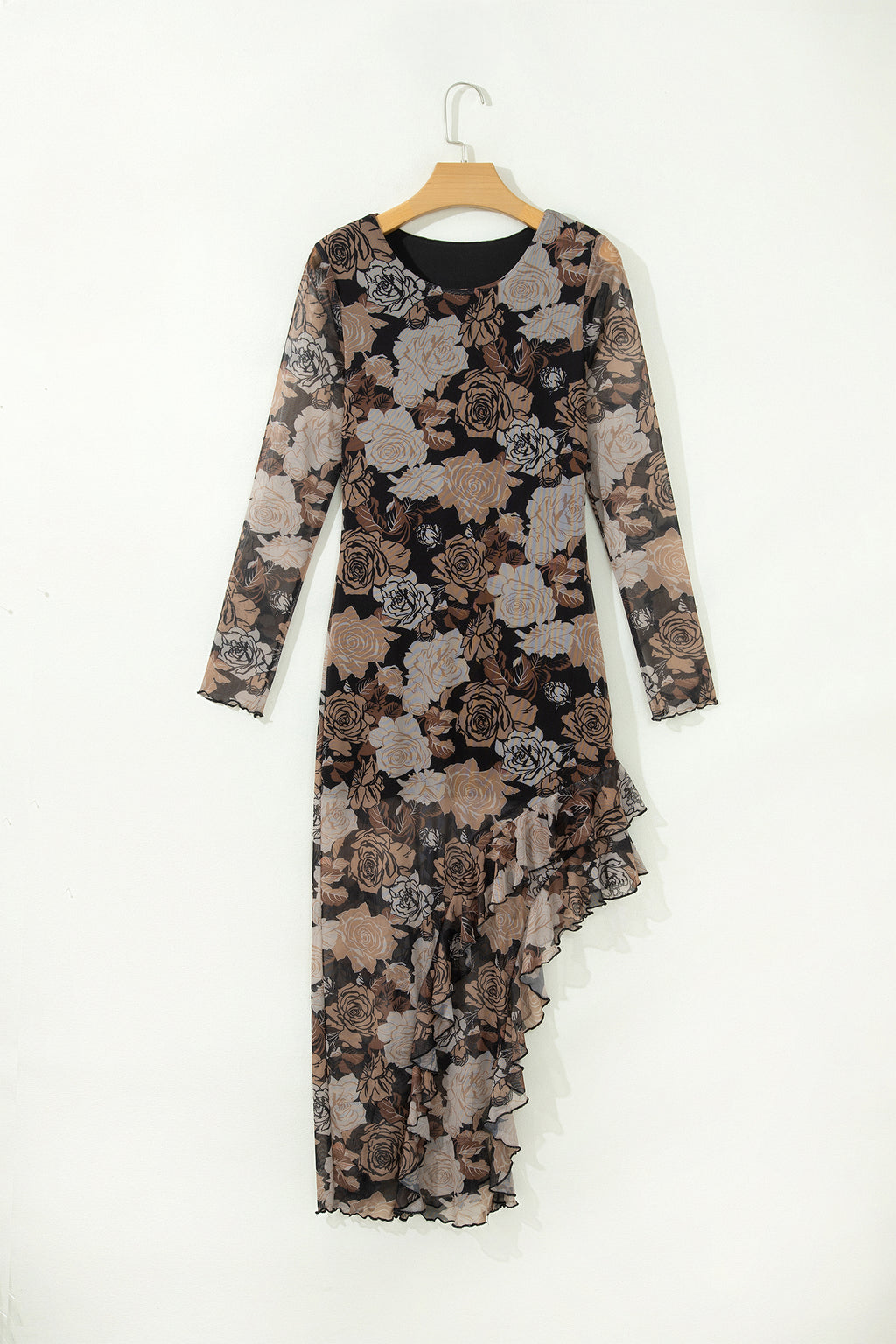Black Floral Asymmetric Ruffle Split Hem Mesh Dress