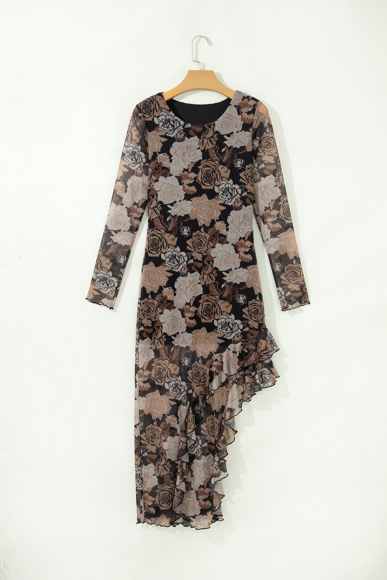 Black Floral Asymmetric Ruffle Split Hem Mesh Dress