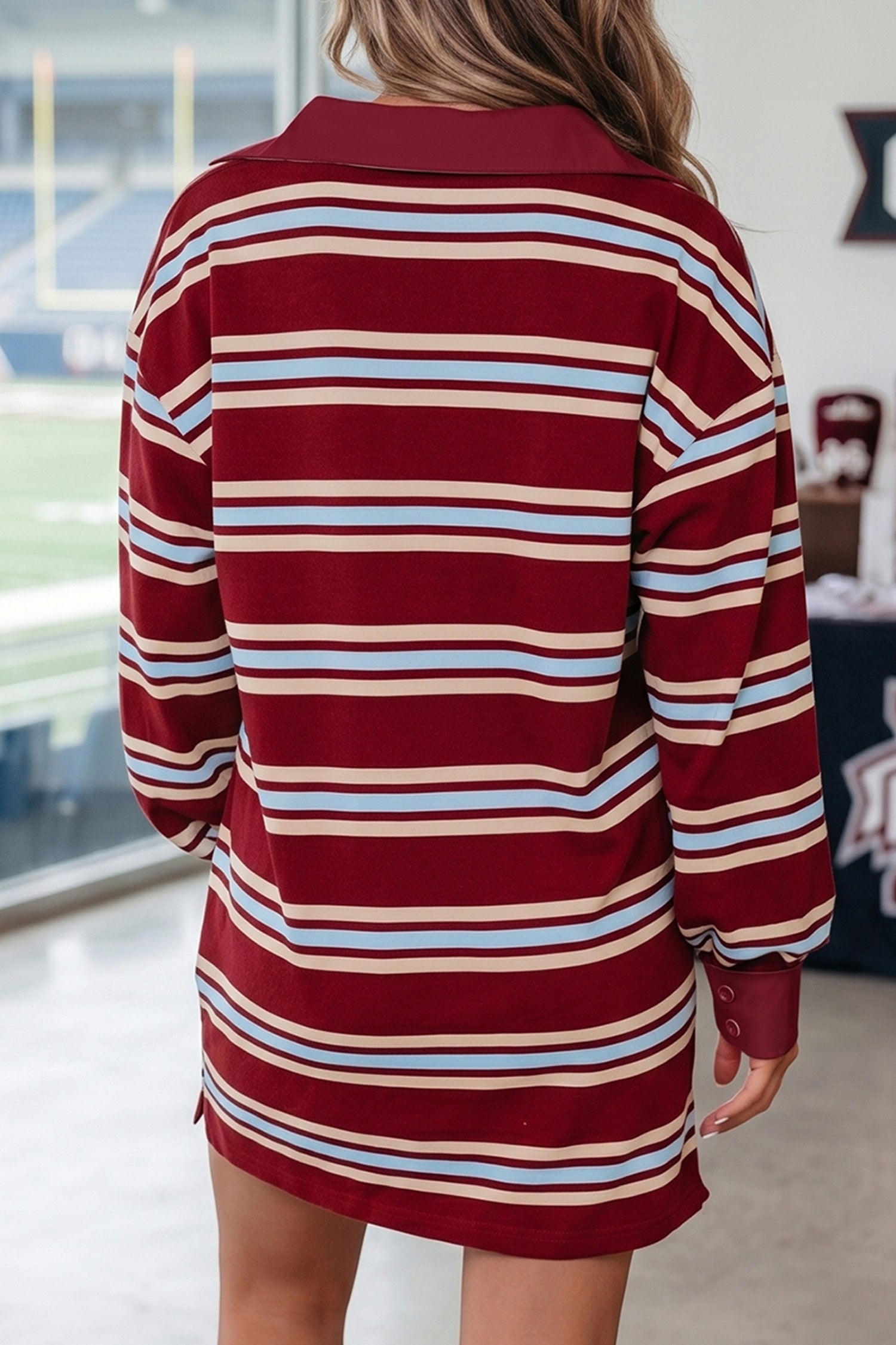 Red Stripe Retro Polo Collar Long Sleeve Mini Dress