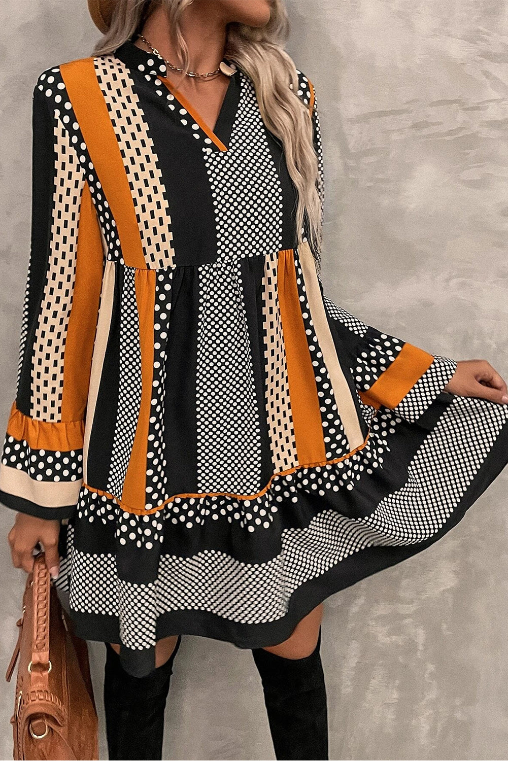 Black Striped Polka Dot Print Ruffled Mini Dress