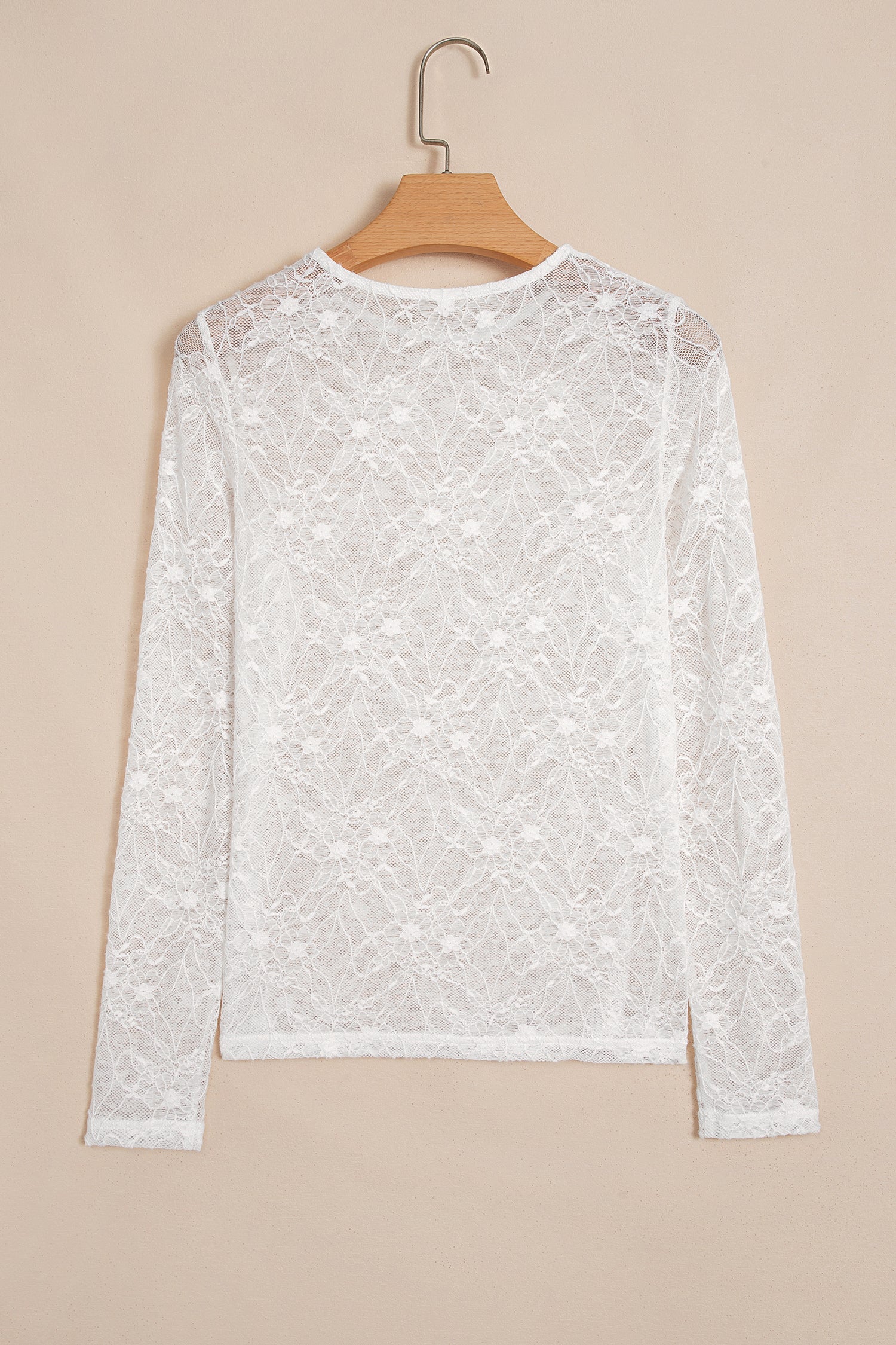 Beige Long Sleeve Mesh Lace Top