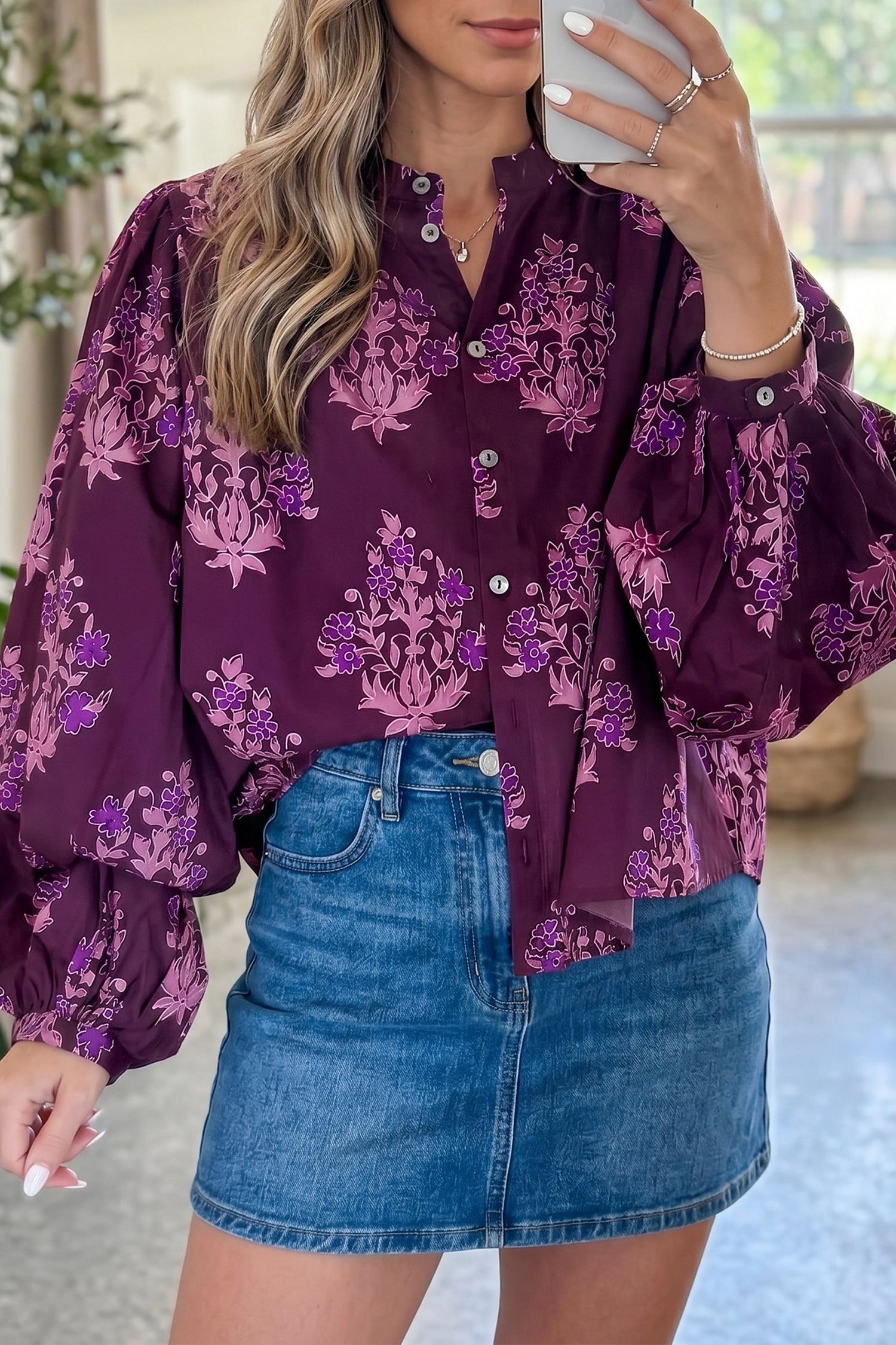 Purple Floral Print Long Puff Sleeve Shirt