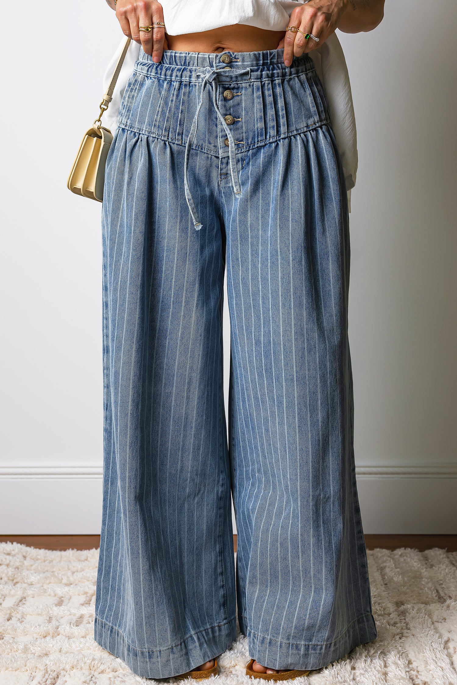 Sky Blue Stripe Button Pleated Drawstring Leg Jeans