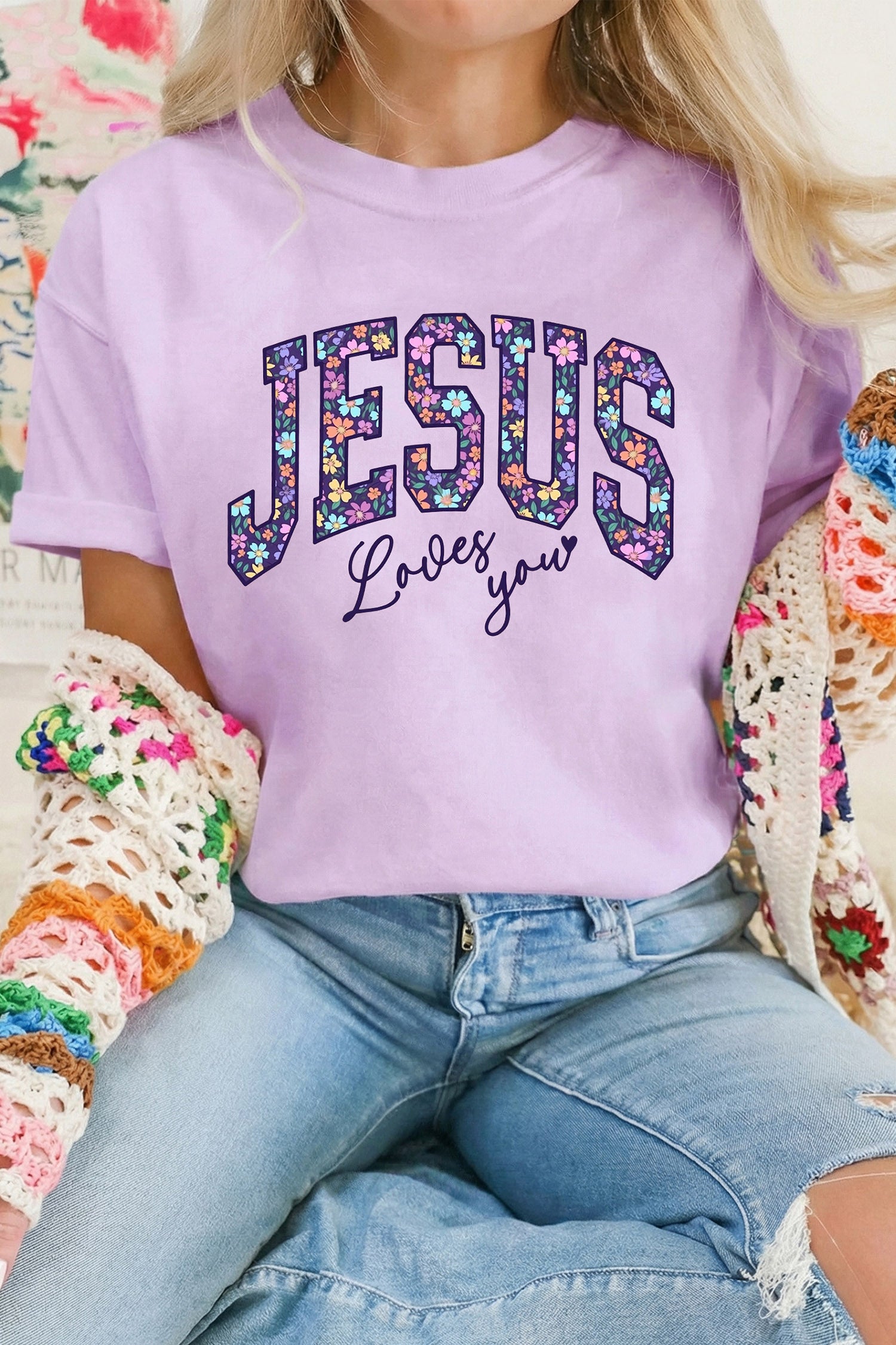 Orchid Petal Christian Floral Letter Graphic T Shirt