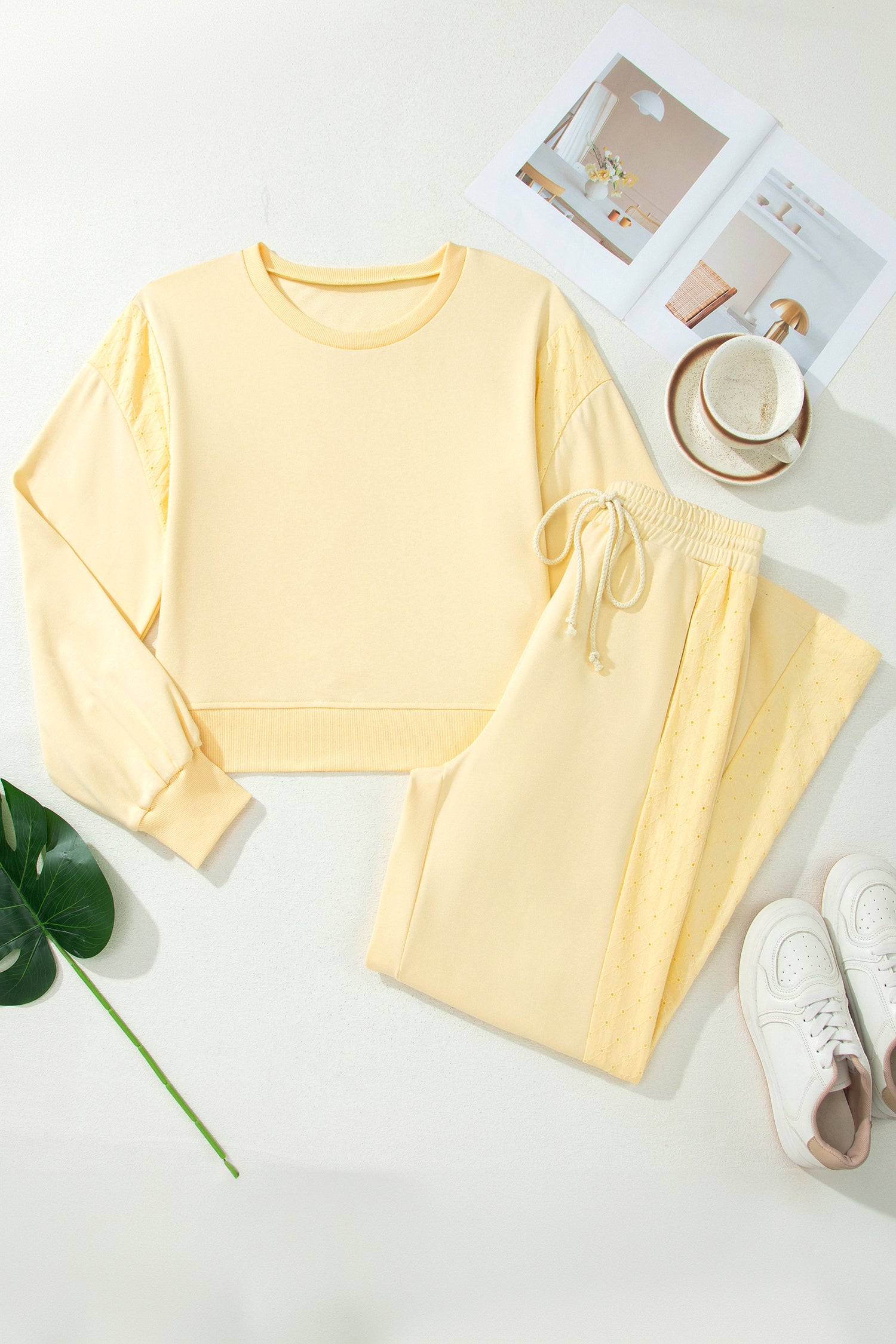 Yellow Cream Eyelet Embroidered Lace Patchwork Pants Set