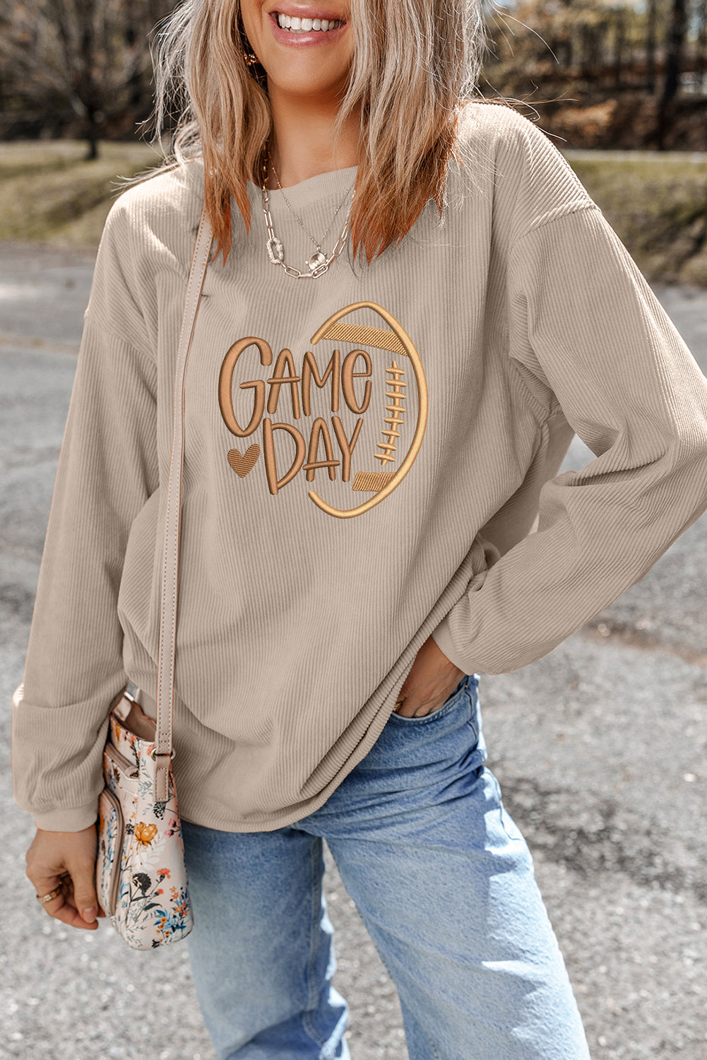 Smoke Gray Twisted Rib Texture Game Day Embroidered Baggy Sweatshirt