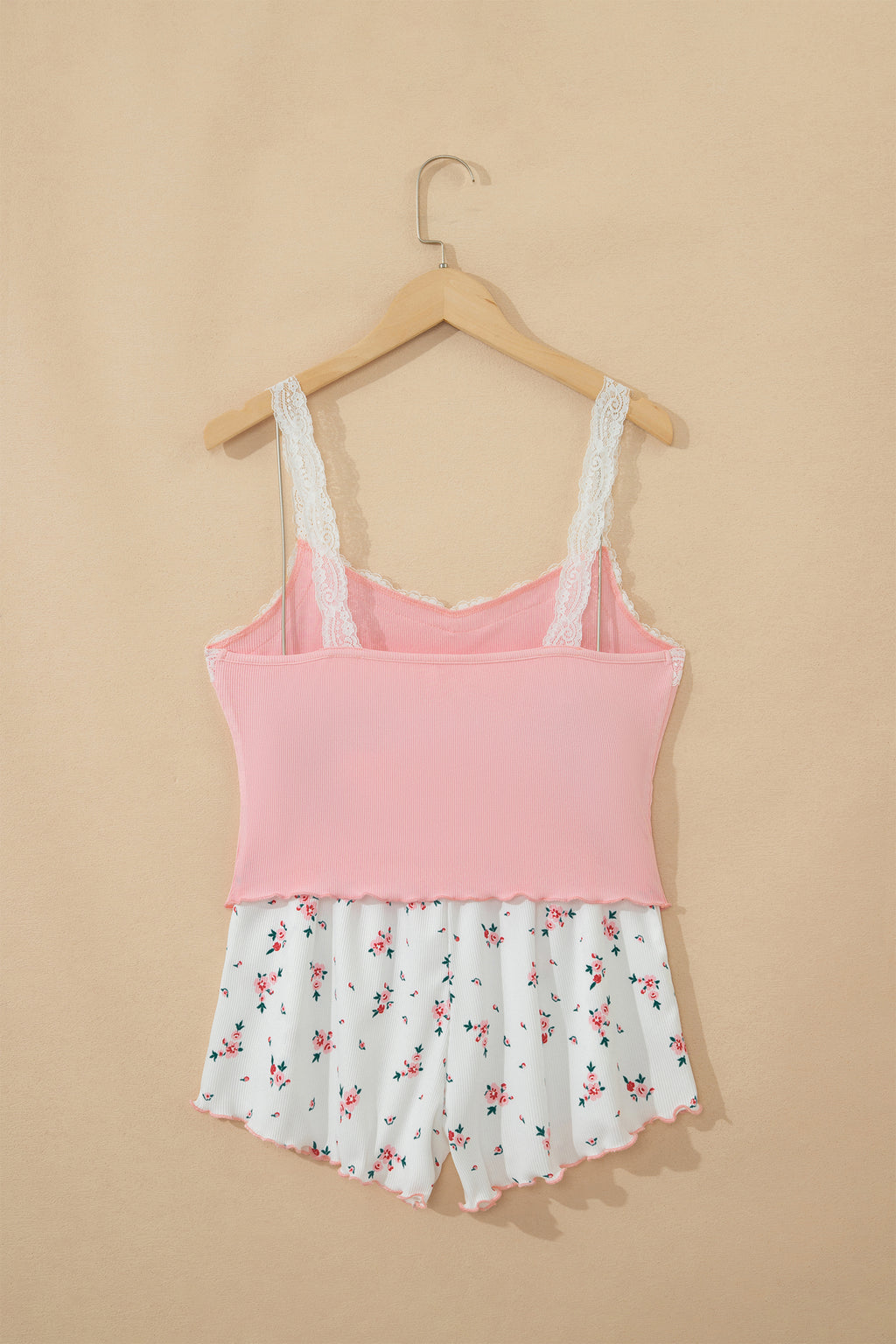 Pink Ribbed Knit Lace Straps Patchwork Lettuce Hem Cropped Top Floral Short Lounge Set
