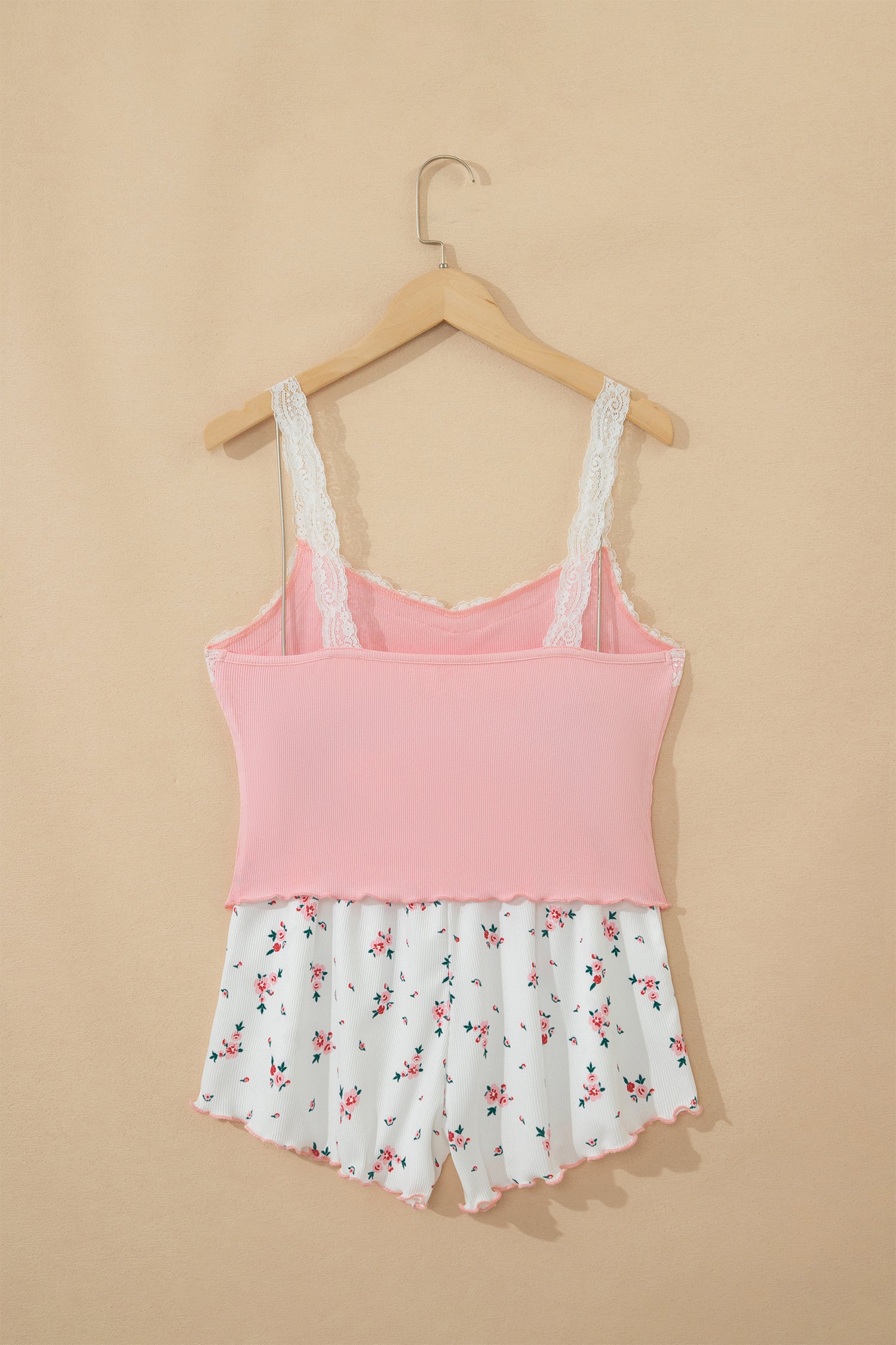 Pink Ribbed Knit Lace Straps Patchwork Lettuce Hem Cropped Top Floral Short Lounge Set