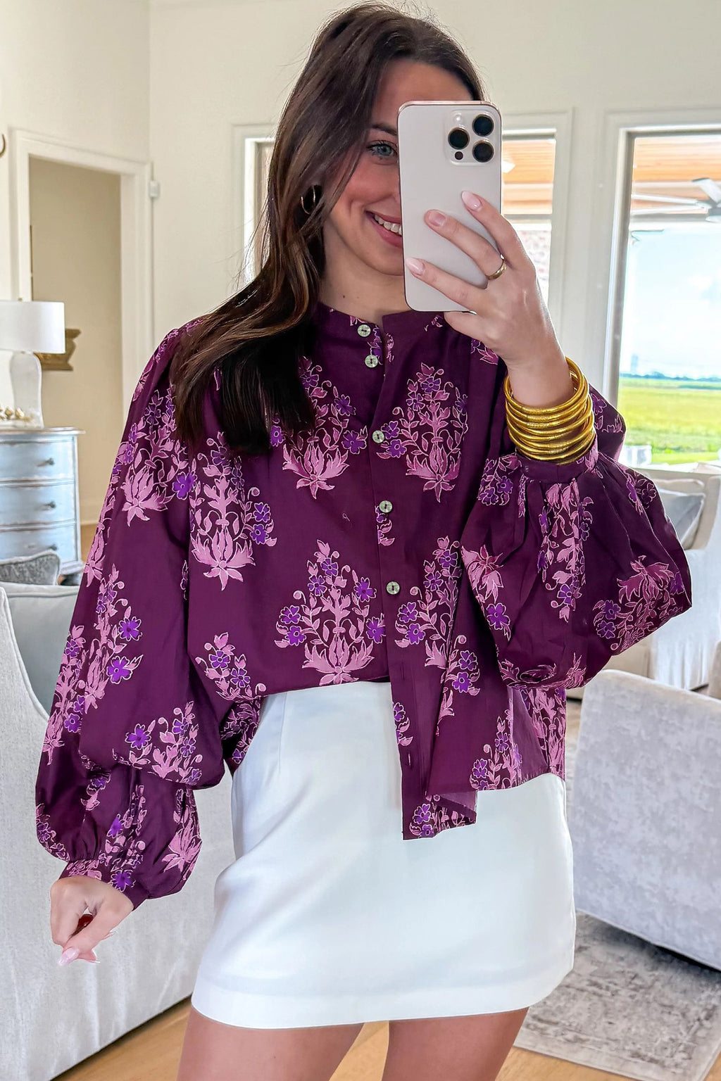 Purple Floral Print Long Puff Sleeve Shirt