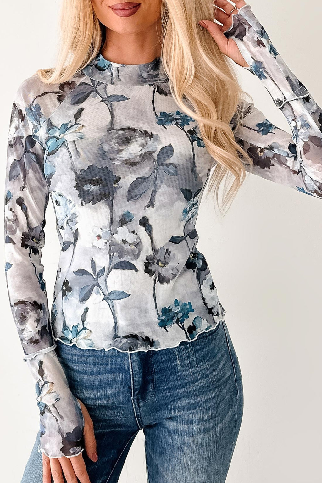 Sky Blue Floral Mesh Sheath Top