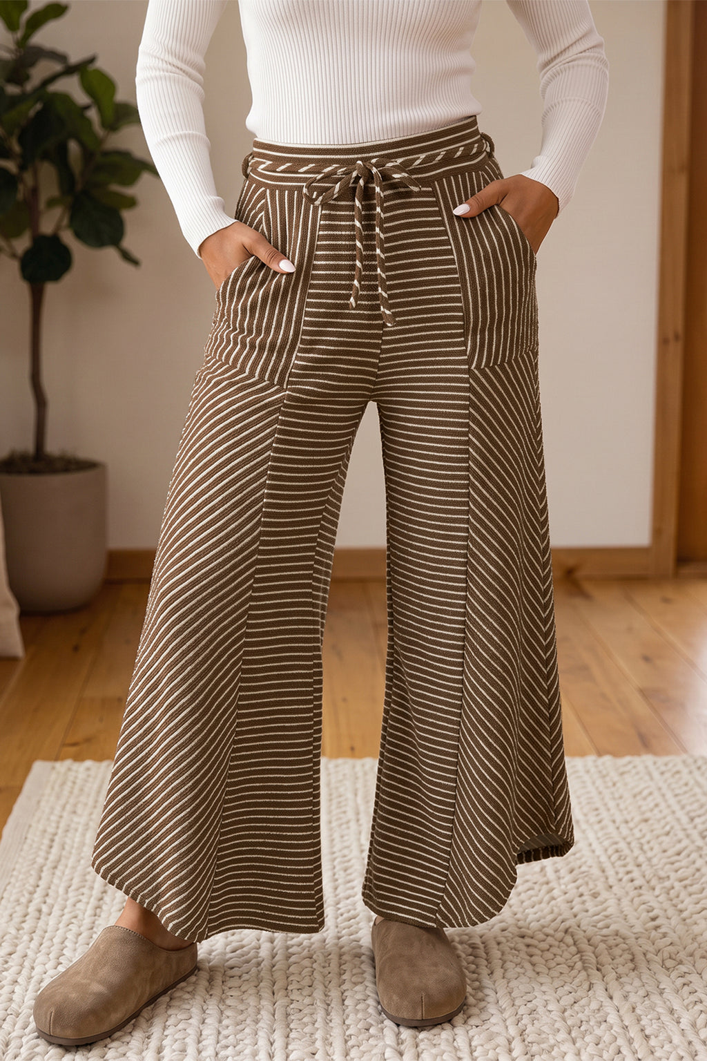 Khaki Stripe Patchwork Wide Leg Casual Pants