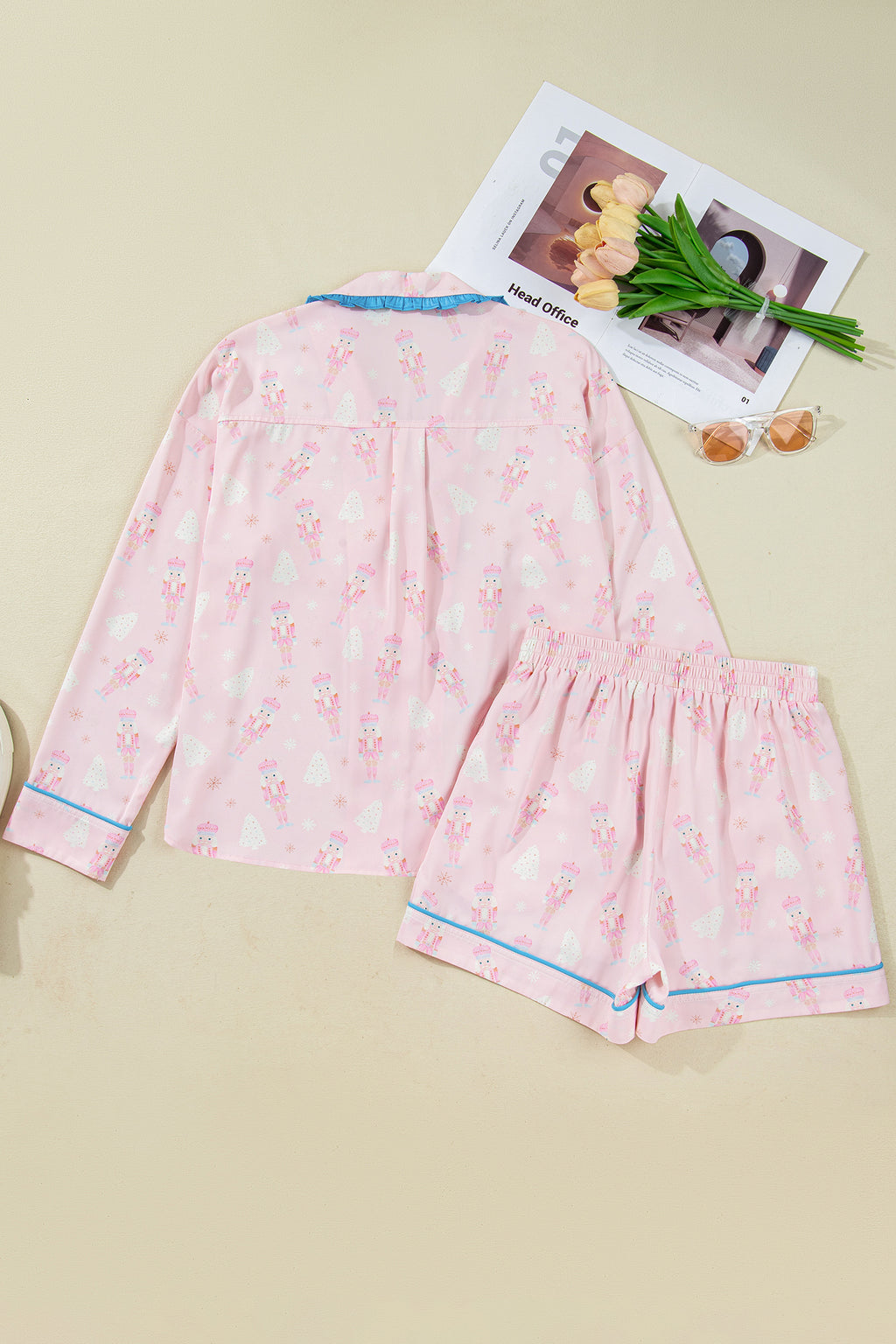 Pink Bow Tie Front Christmas Nutcracker Long Sleeve Shirt Shorts Pajama Set
