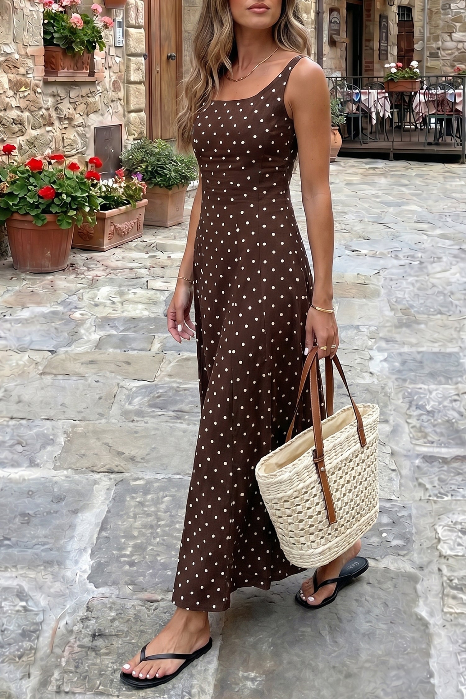 Brown Polka Dot Print Square Neck Dress