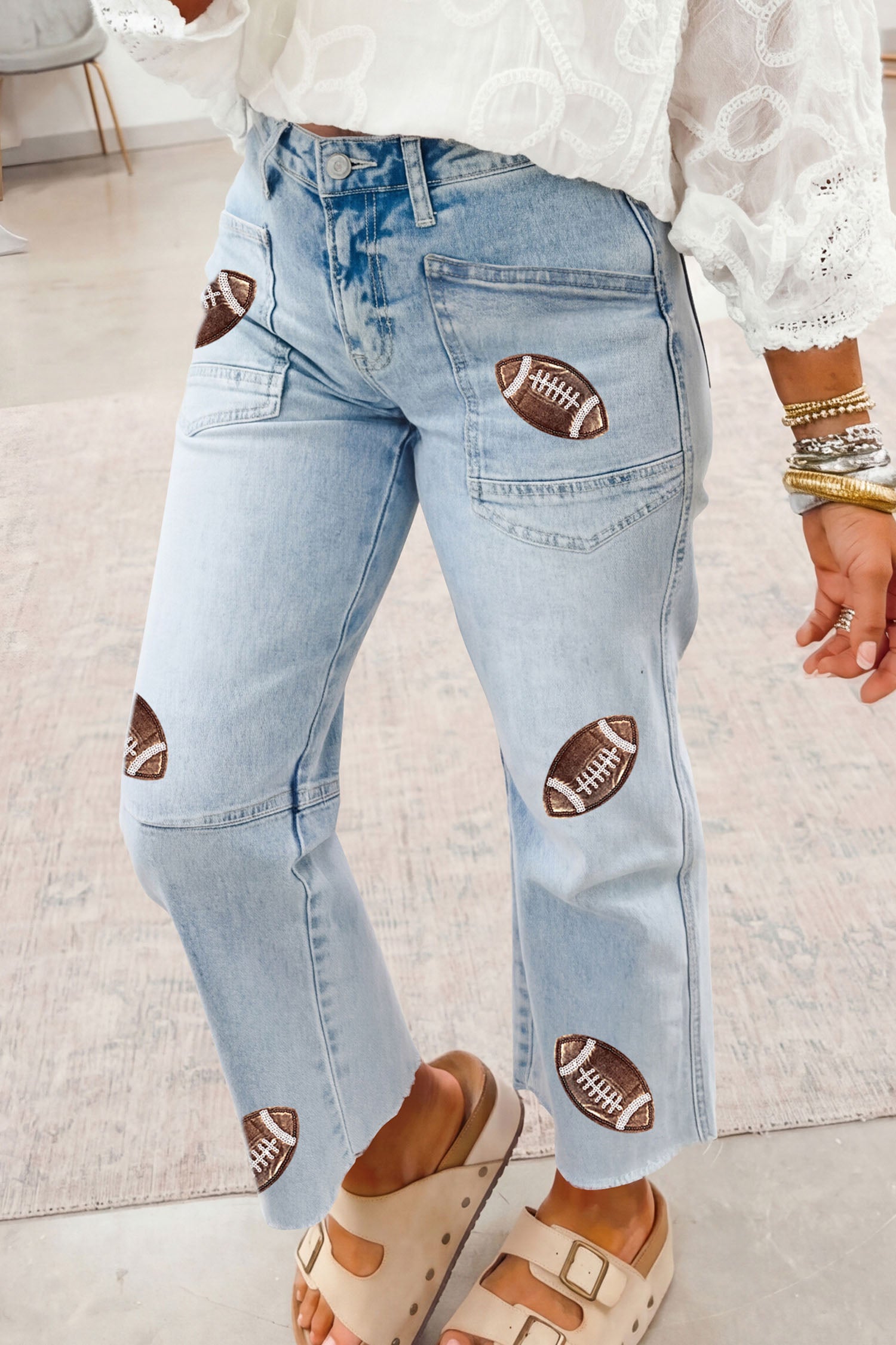 Beau Blue Sequin Detail Patched Rugby Pattern Jeans
