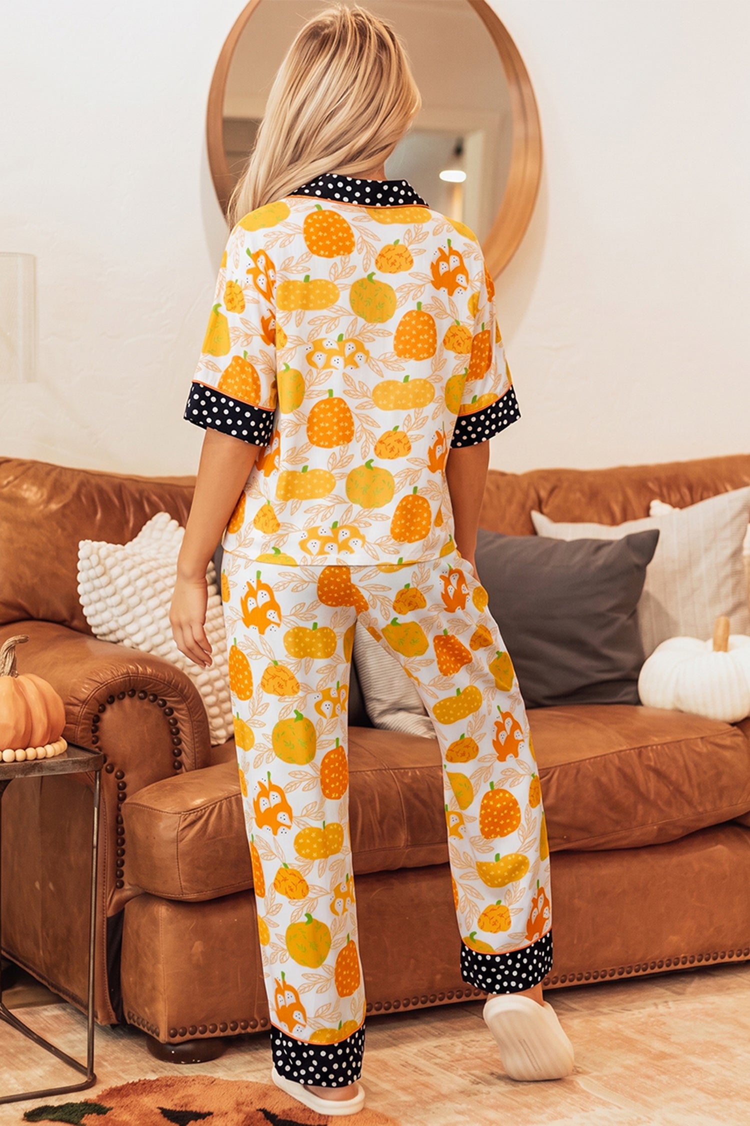 Orange Short Sleeve Pumpkin Print Polka Dot Trim Lounge Set