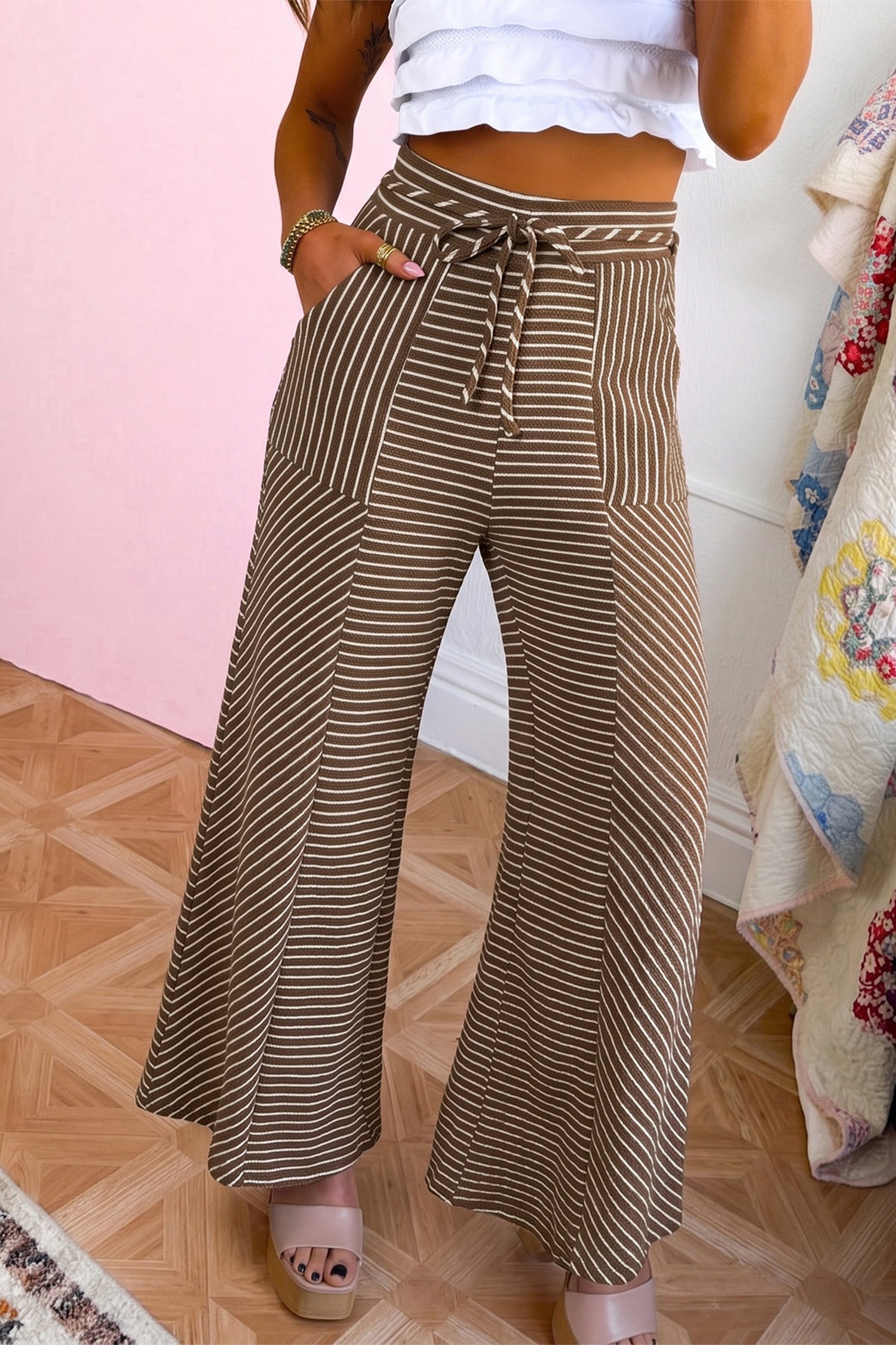 Khaki Stripe Patchwork Wide Leg Casual Pants