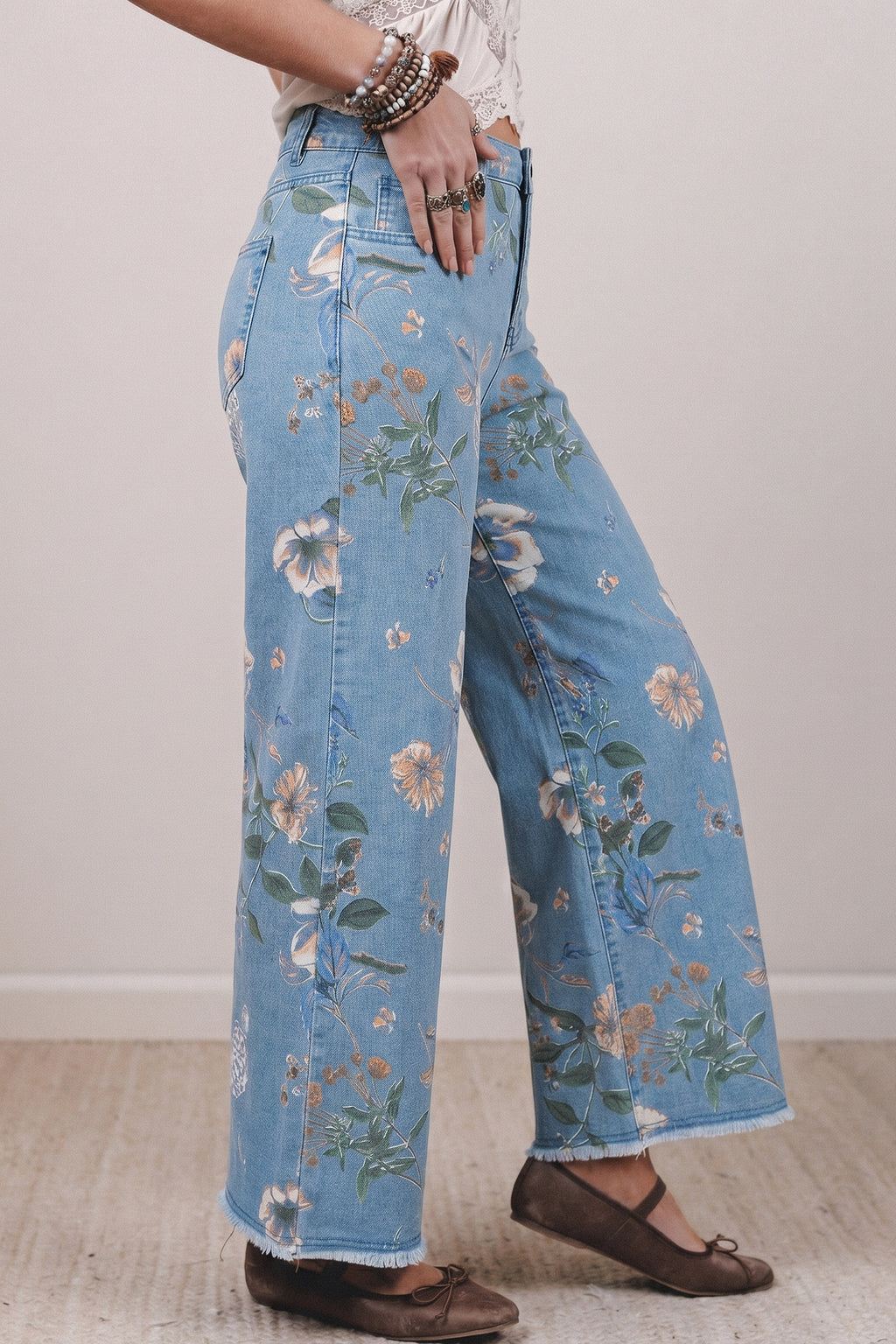 Sky Blue Retro Floral Print Jeans