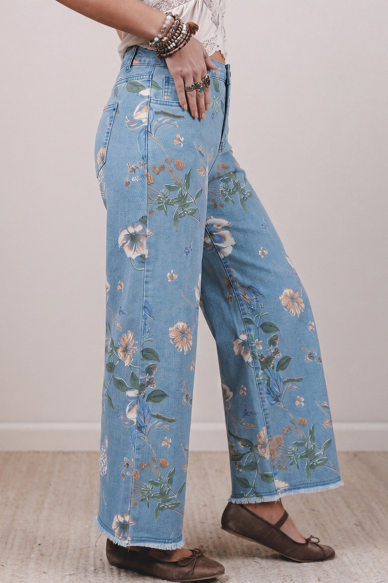 Sky Blue Retro Floral Print Jeans