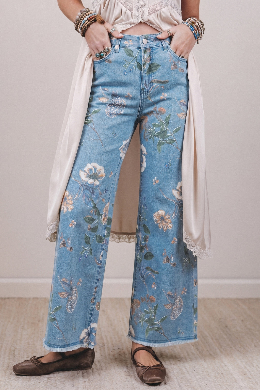 Sky Blue Retro Floral Print Jeans