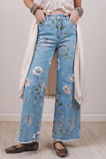 Sky Blue Retro Floral Print Jeans