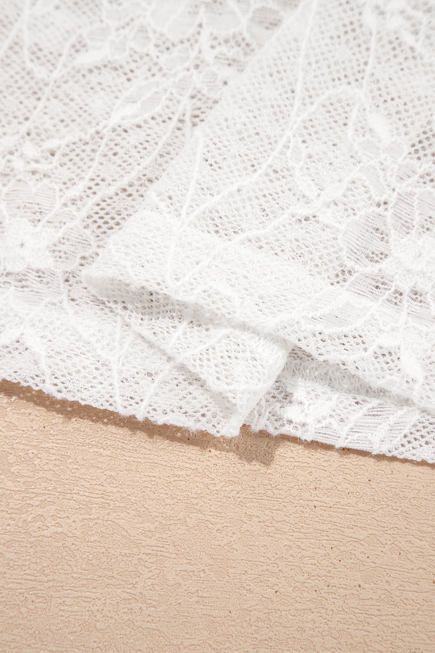 Beige Long Sleeve Mesh Lace Top