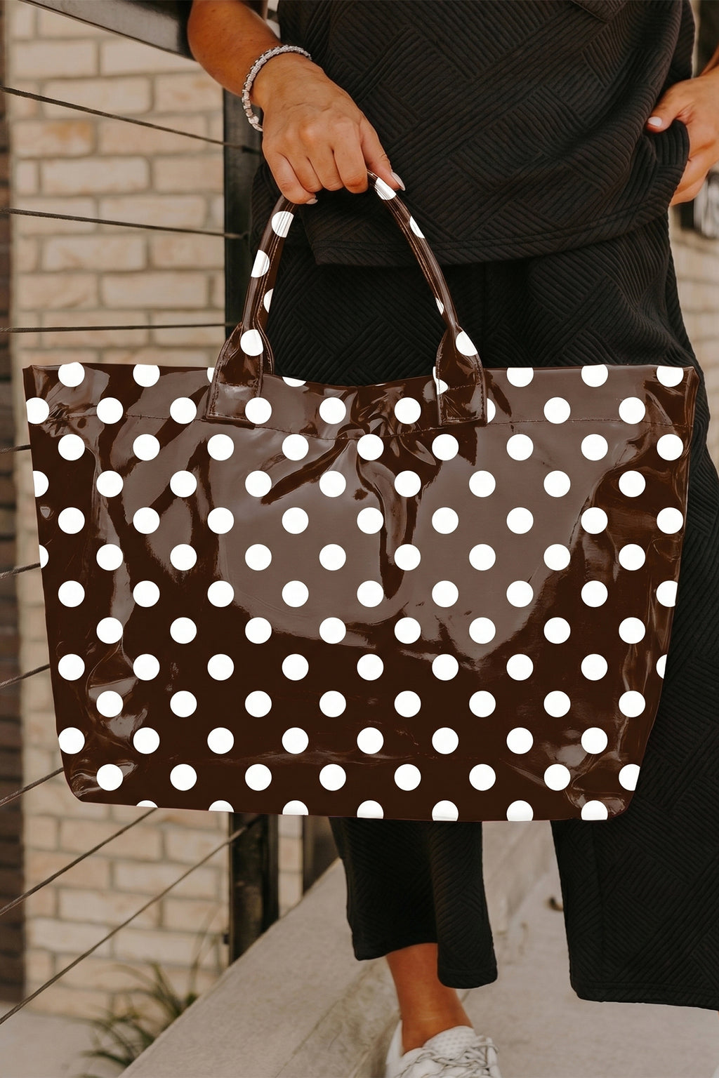 Color black Polka Dot Glossy Tote Bag