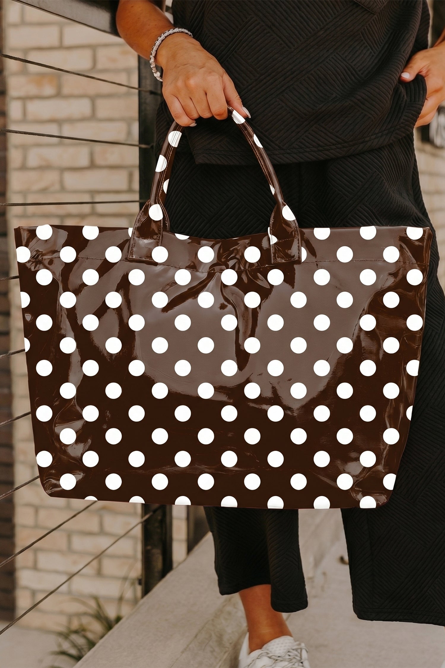 Color black Polka Dot Glossy Tote Bag